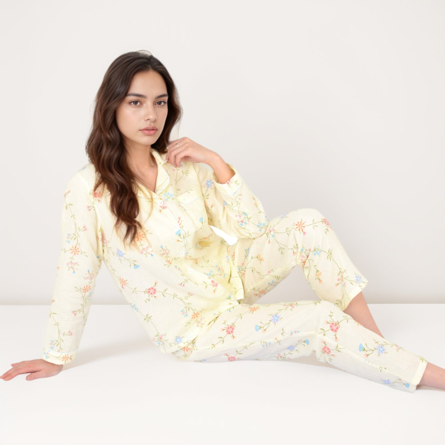 Anna-Kaci Women's Yellow Floral Print Long Sleeve Pajama Set with Button-Up Top Single Chest Pocket and Relaxed Fit Pants
