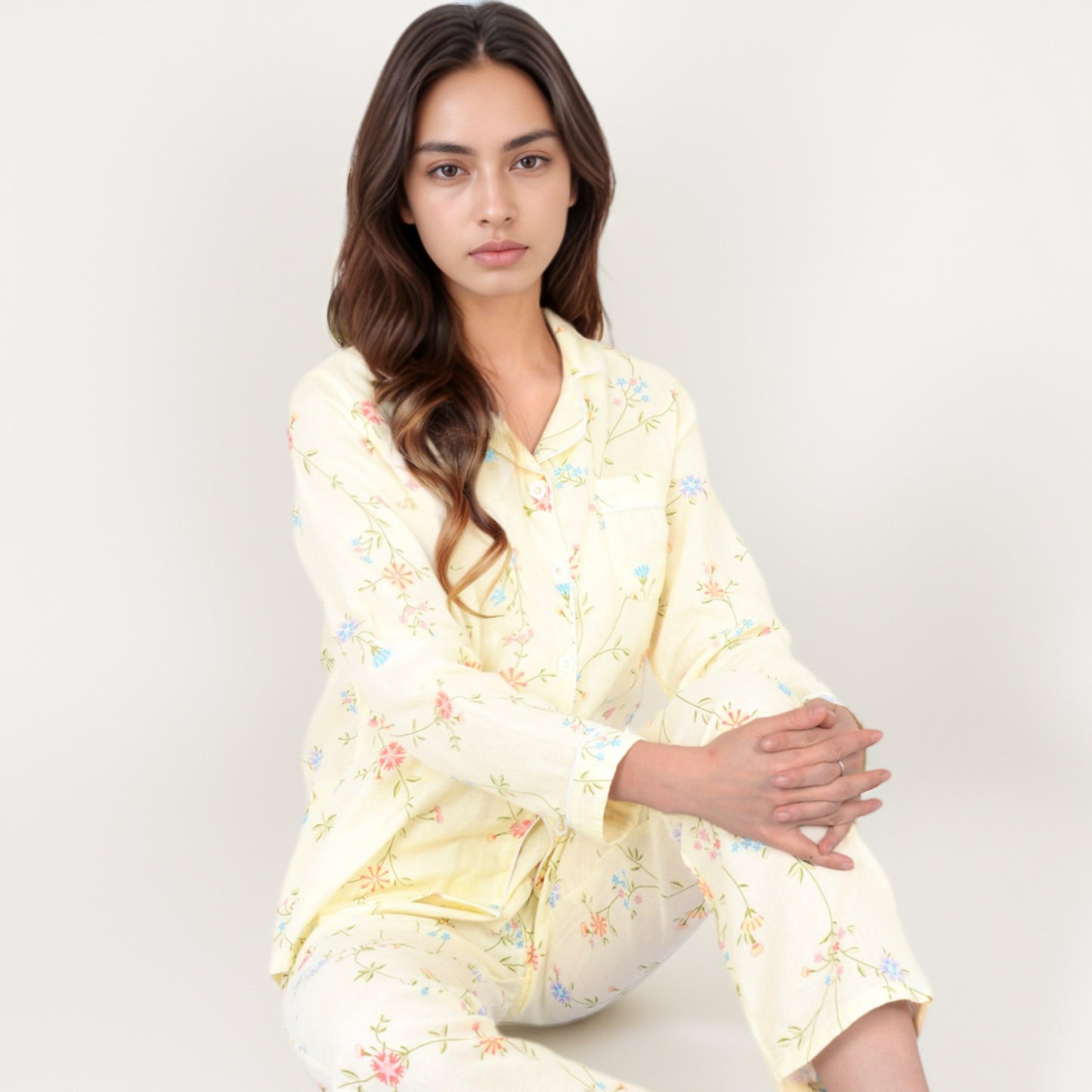 Anna-Kaci Women's Yellow Floral Print Long Sleeve Pajama Set with Button-Up Top Single Chest Pocket and Relaxed Fit Pants