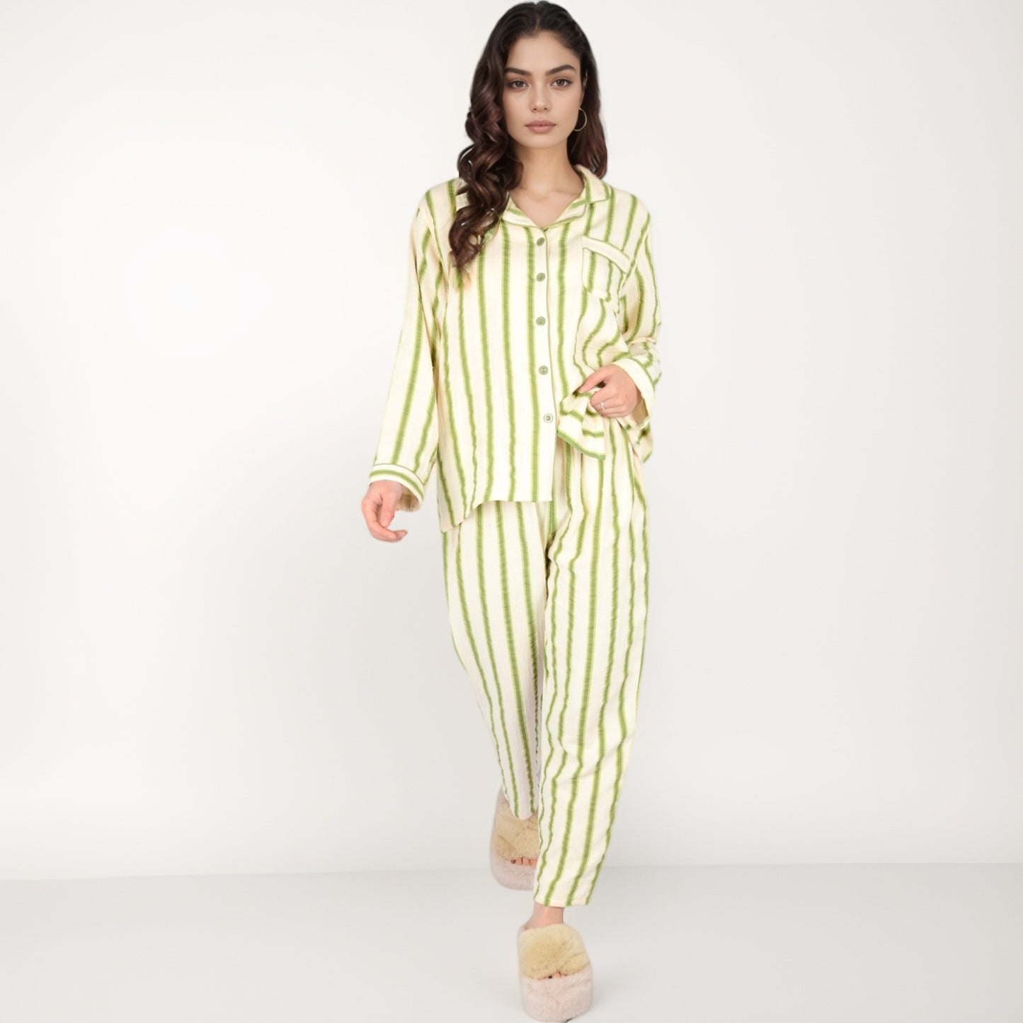 Anna-Kaci Women's Green Striped Long Sleeve Pajama Set with Button-Up Top Chest Pocket and Relaxed Straight-Leg Pants