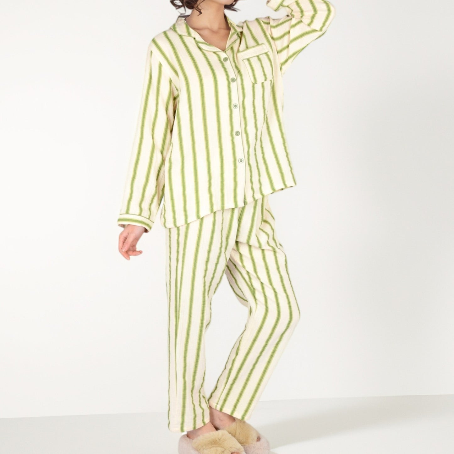 Anna-Kaci Women's Green Striped Long Sleeve Pajama Set with Button-Up Top Chest Pocket and Relaxed Straight-Leg Pants