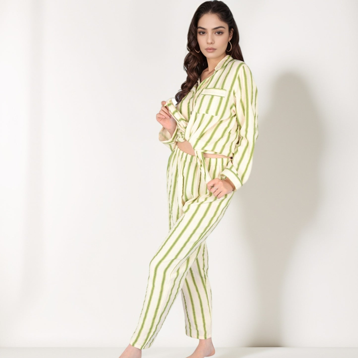 Anna-Kaci Women's Green Striped Long Sleeve Pajama Set with Button-Up Top Chest Pocket and Relaxed Straight-Leg Pants