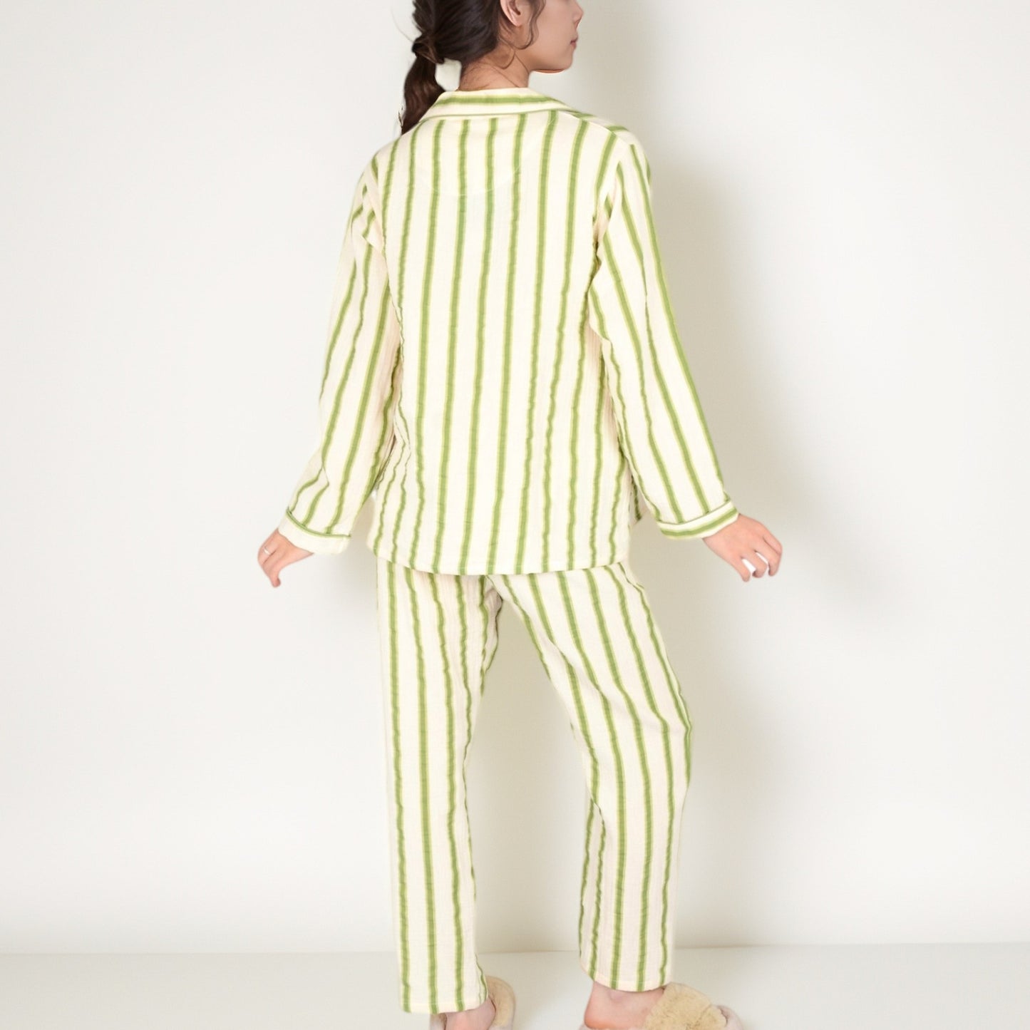 Anna-Kaci Women's Green Striped Long Sleeve Pajama Set with Button-Up Top Chest Pocket and Relaxed Straight-Leg Pants
