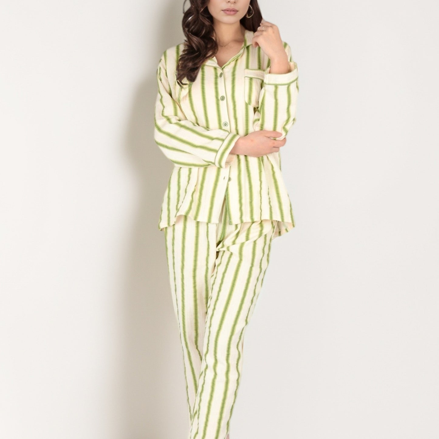 Anna-Kaci Women's Green Striped Long Sleeve Pajama Set with Button-Up Top Chest Pocket and Relaxed Straight-Leg Pants