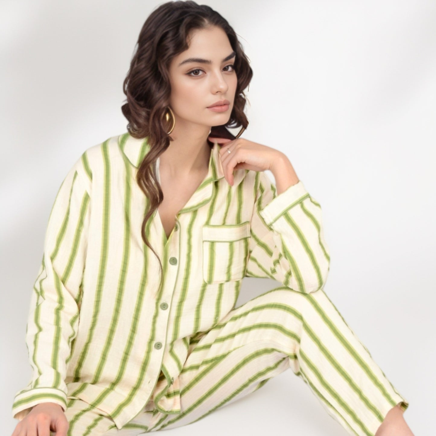 Anna-Kaci Women's Green Striped Long Sleeve Pajama Set with Button-Up Top Chest Pocket and Relaxed Straight-Leg Pants