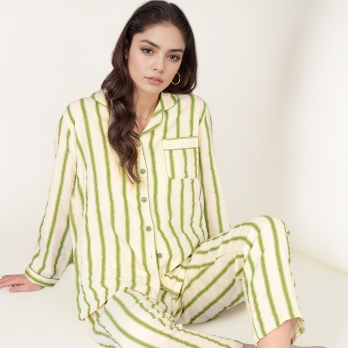 Anna-Kaci Women's Green Striped Long Sleeve Pajama Set with Button-Up Top Chest Pocket and Relaxed Straight-Leg Pants