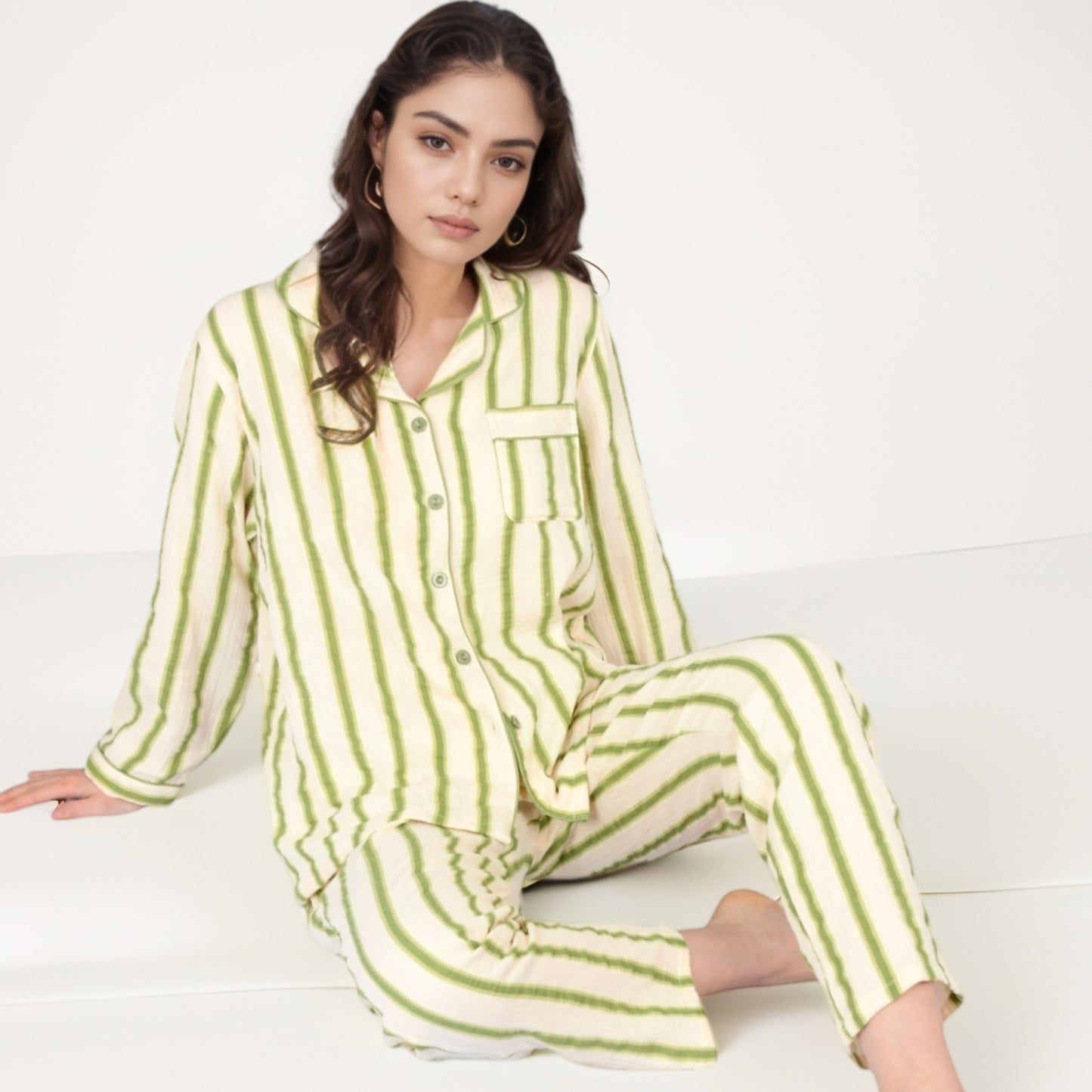Anna-Kaci Women's Green Striped Long Sleeve Pajama Set with Button-Up Top Chest Pocket and Relaxed Straight-Leg Pants