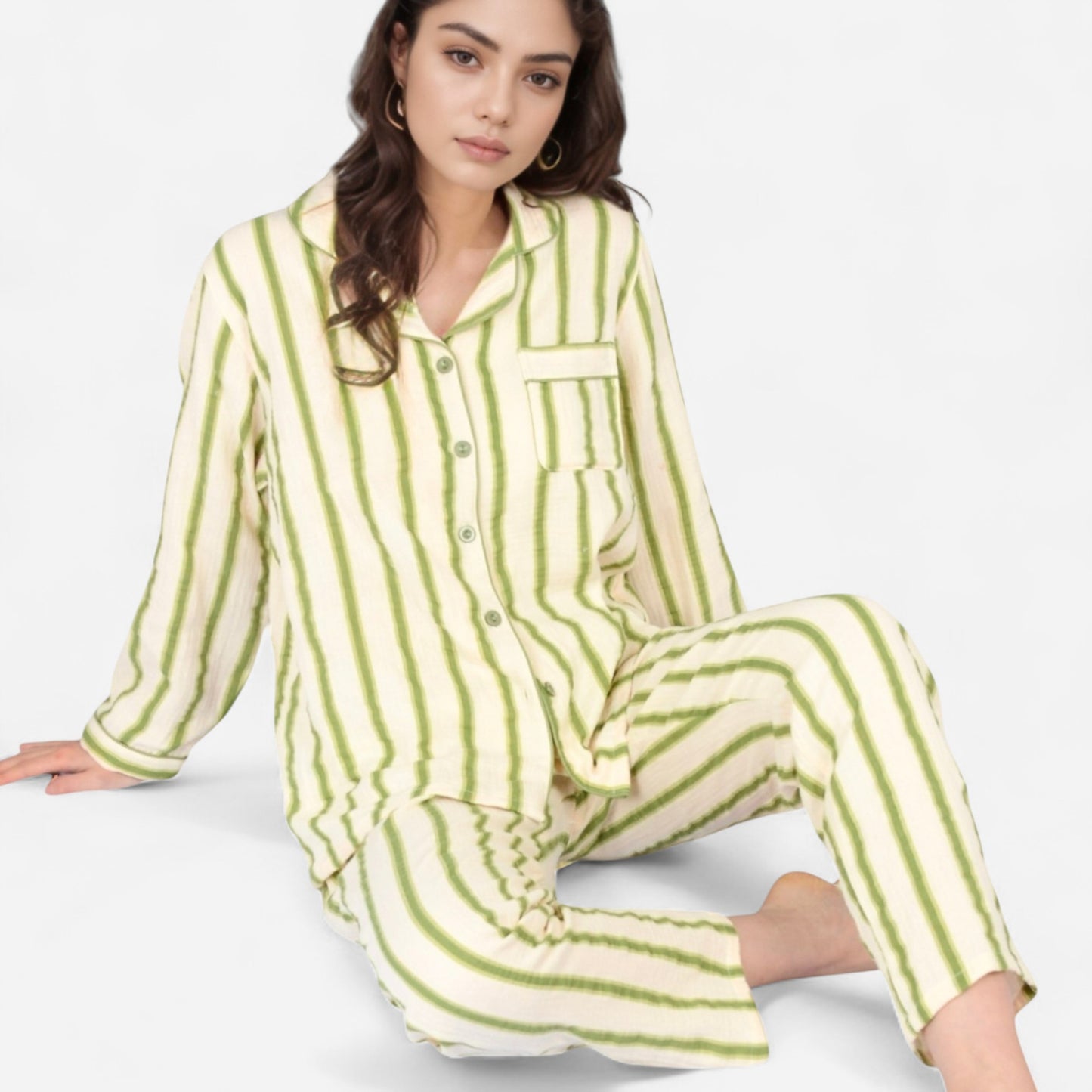 Anna-Kaci Women's Green Striped Long Sleeve Pajama Set with Button-Up Top Chest Pocket and Relaxed Straight-Leg Pants