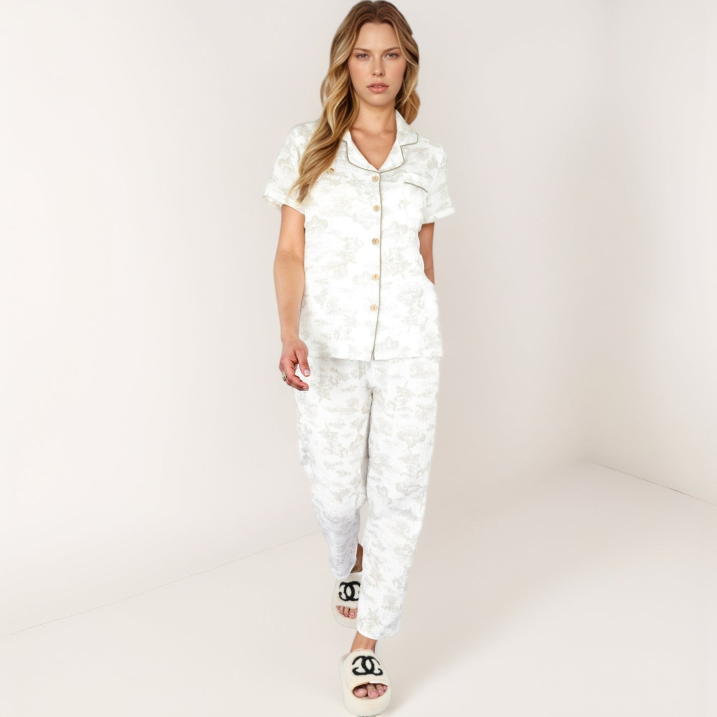 Anna-Kaci Lounge Women's Printed Two-Piece Pajama Set with Short Sleeve Button Top and Elastic Waist Shorts