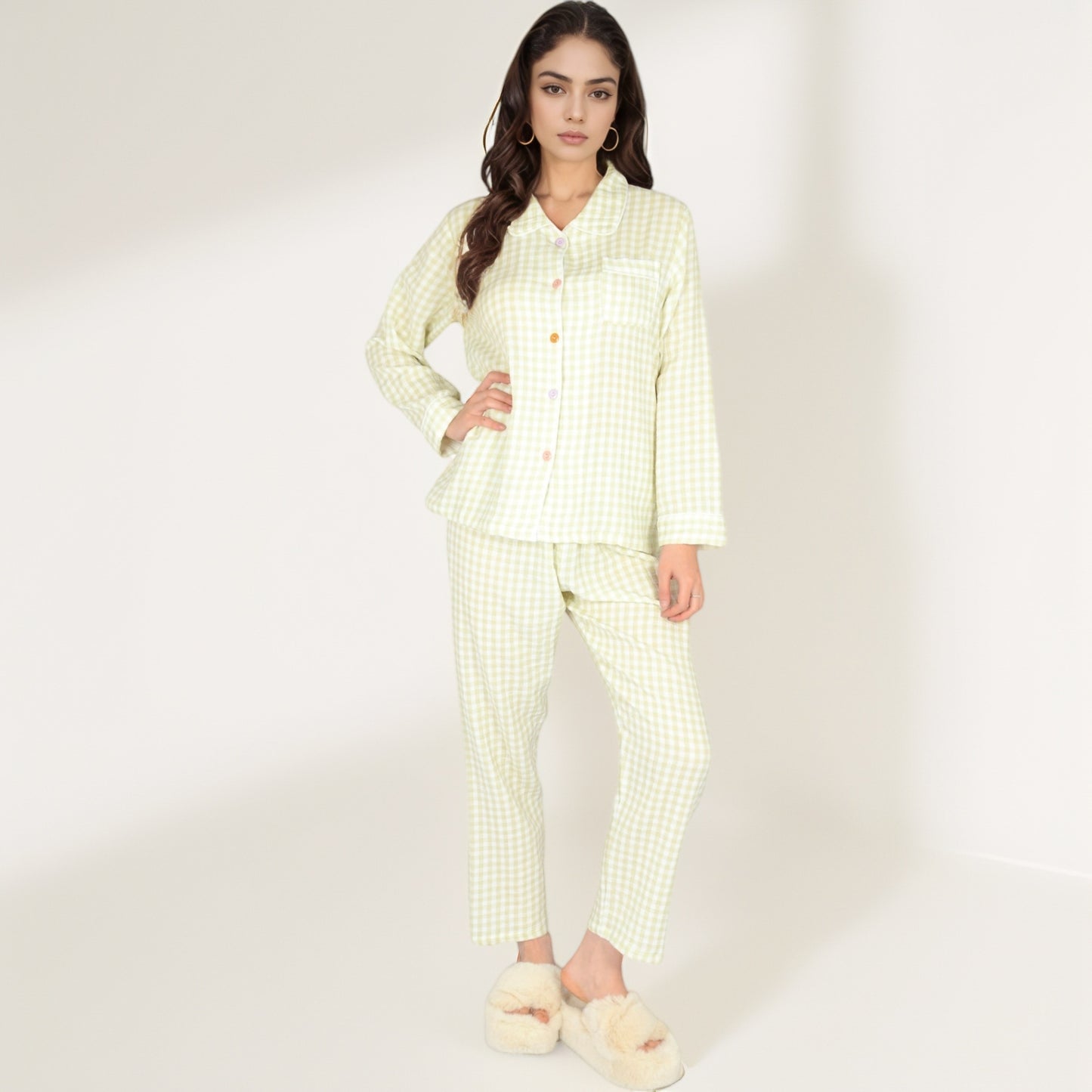 Anna-Kaci Women's Gingham Long Sleeve Pajama Set with Colorful Buttons Chest Pocket and Relaxed Fit Straight Pants