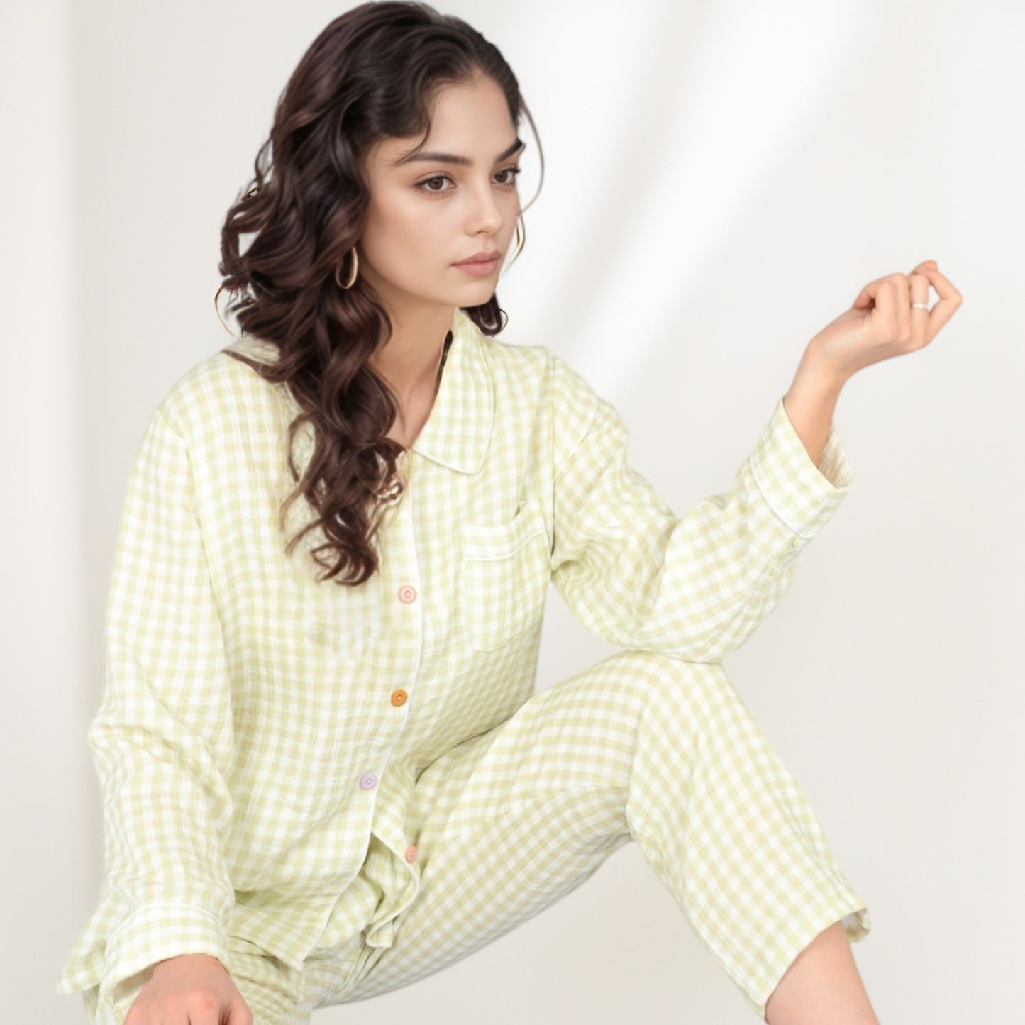 Anna-Kaci Women's Gingham Long Sleeve Pajama Set with Colorful Buttons Chest Pocket and Relaxed Fit Straight Pants