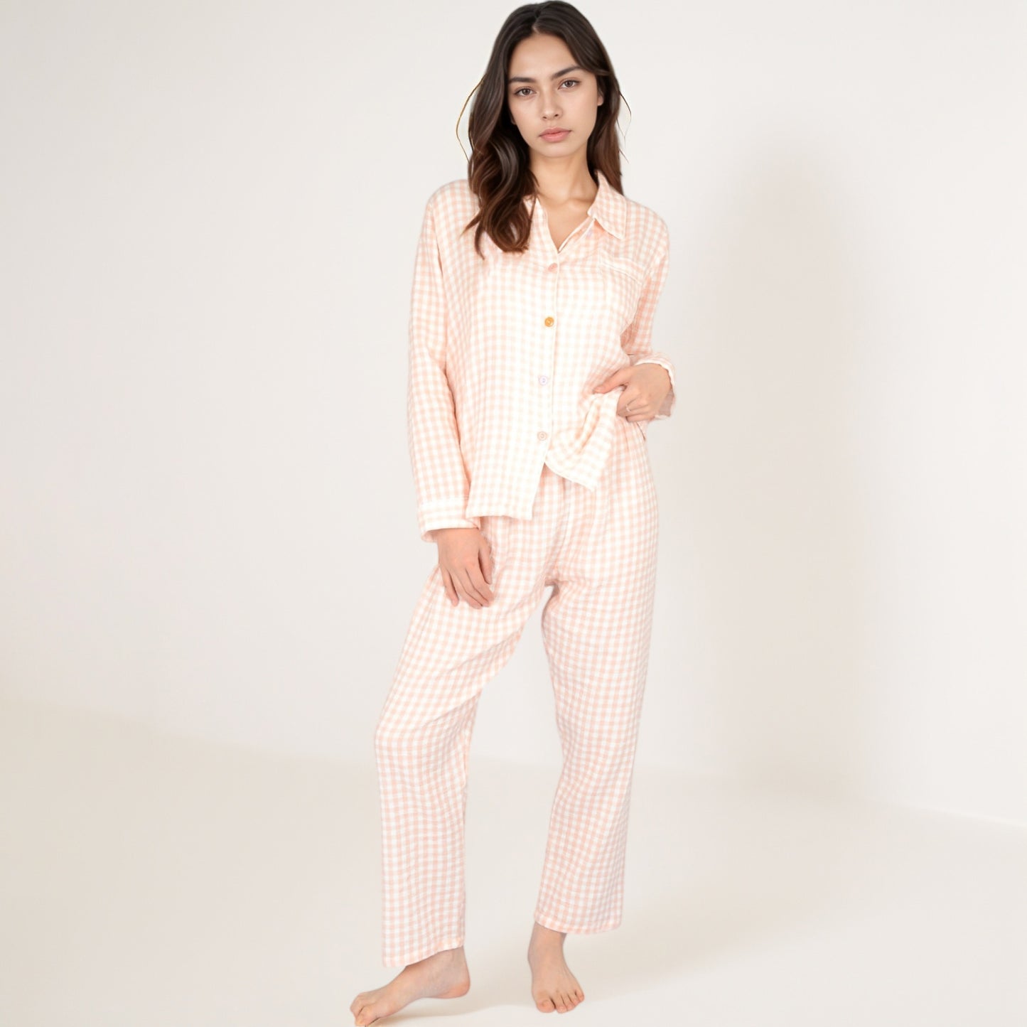 Anna-Kaci Women's Gingham Long Sleeve Pajama Set with Colorful Buttons Chest Pocket and Relaxed Fit Straight Pants