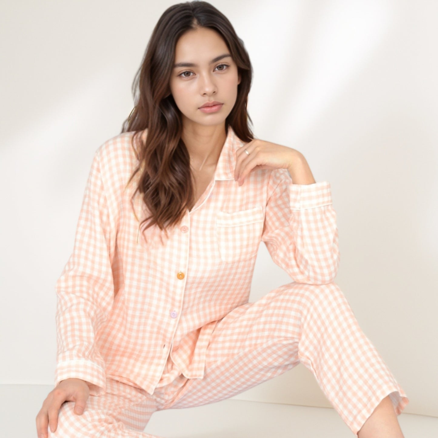 Anna-Kaci Women's Gingham Long Sleeve Pajama Set with Colorful Buttons Chest Pocket and Relaxed Fit Straight Pants