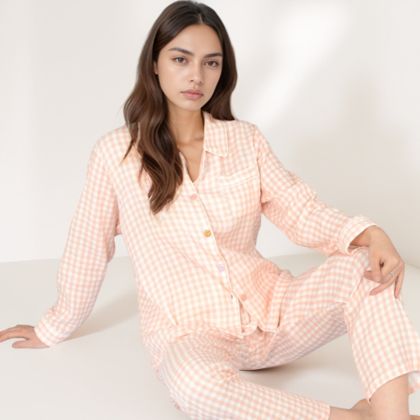 Anna-Kaci Women's Gingham Long Sleeve Pajama Set with Colorful Buttons Chest Pocket and Relaxed Fit Straight Pants
