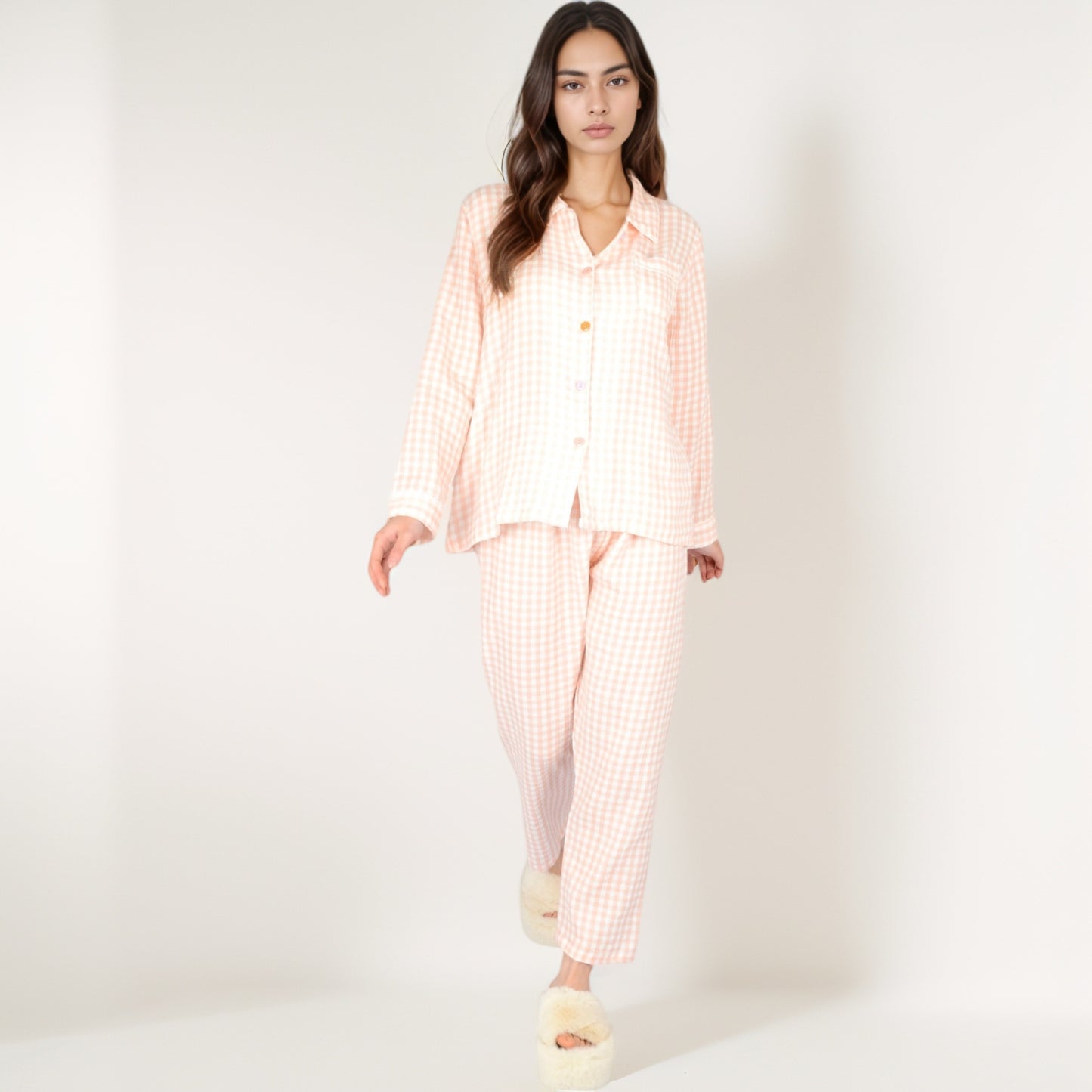 Anna-Kaci Women's Gingham Long Sleeve Pajama Set with Colorful Buttons Chest Pocket and Relaxed Fit Straight Pants