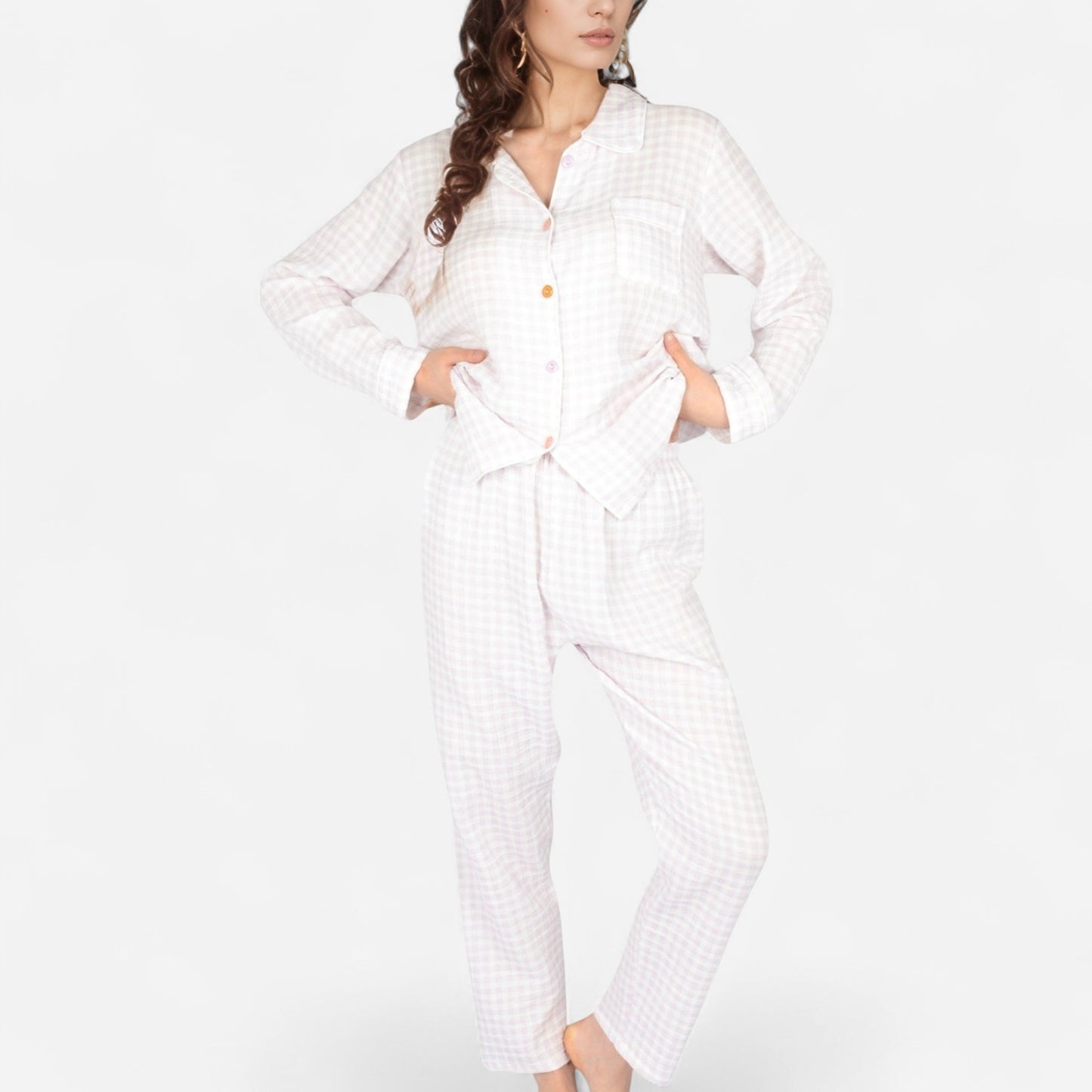 Anna-Kaci Women's Gingham Long Sleeve Pajama Set with Colorful Buttons Chest Pocket and Relaxed Fit Straight Pants