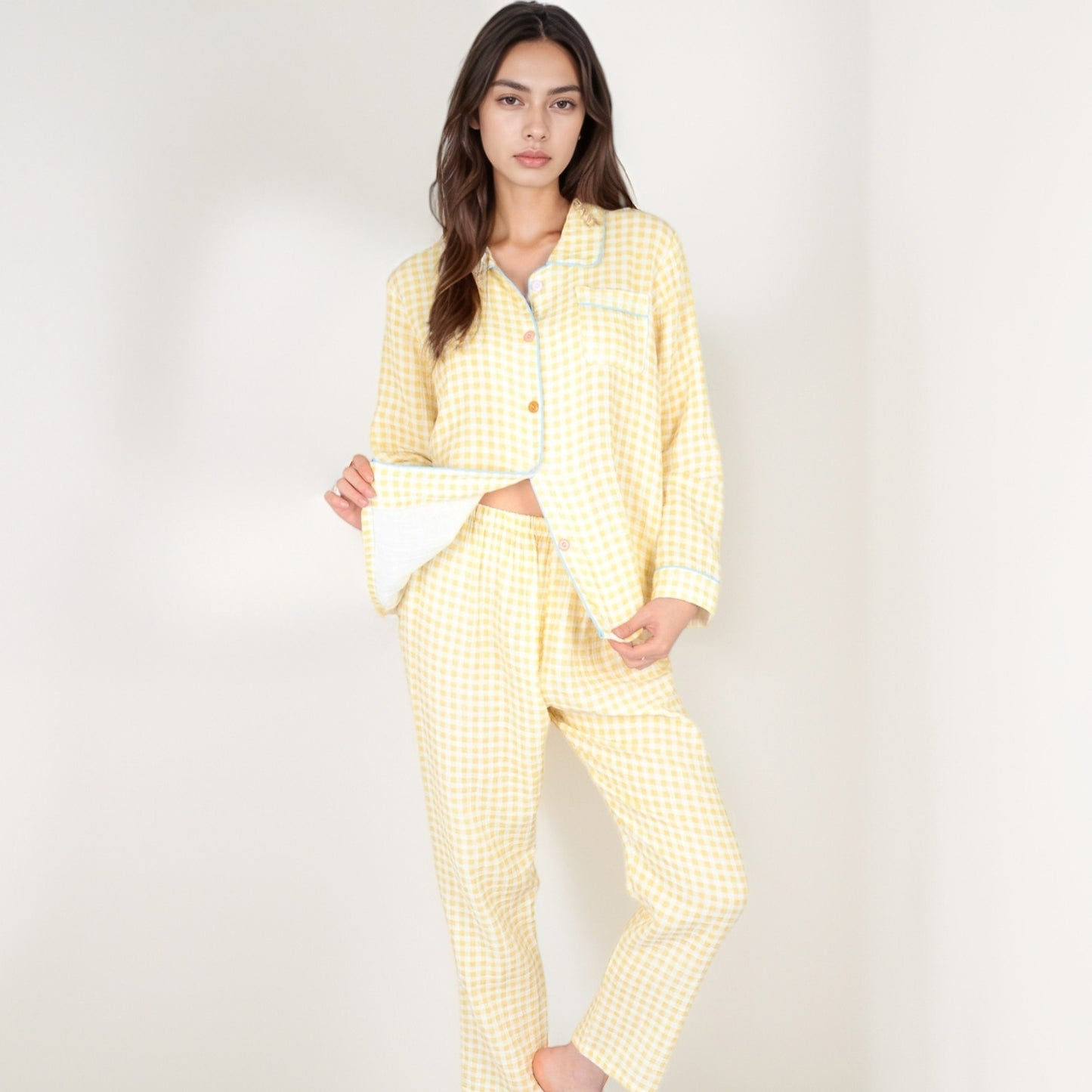 Anna-Kaci Women's Gingham Long Sleeve Pajama Set with Colorful Buttons Chest Pocket and Relaxed Fit Straight Pants