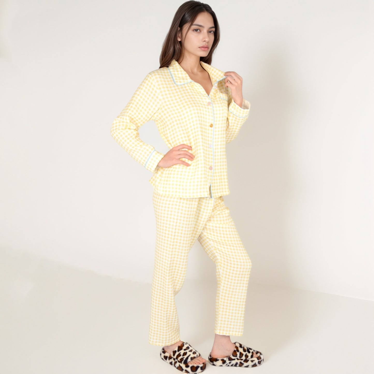 Anna-Kaci Women's Gingham Long Sleeve Pajama Set with Colorful Buttons Chest Pocket and Relaxed Fit Straight Pants
