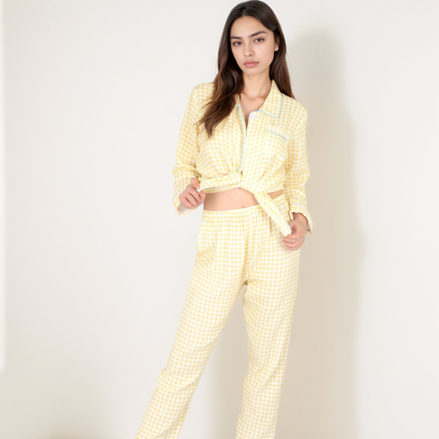 Anna-Kaci Women's Gingham Long Sleeve Pajama Set with Colorful Buttons Chest Pocket and Relaxed Fit Straight Pants
