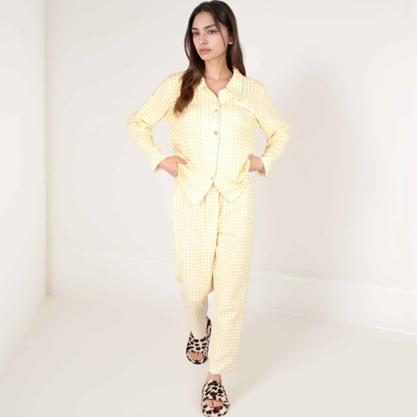 Anna-Kaci Women's Gingham Long Sleeve Pajama Set with Colorful Buttons Chest Pocket and Relaxed Fit Straight Pants