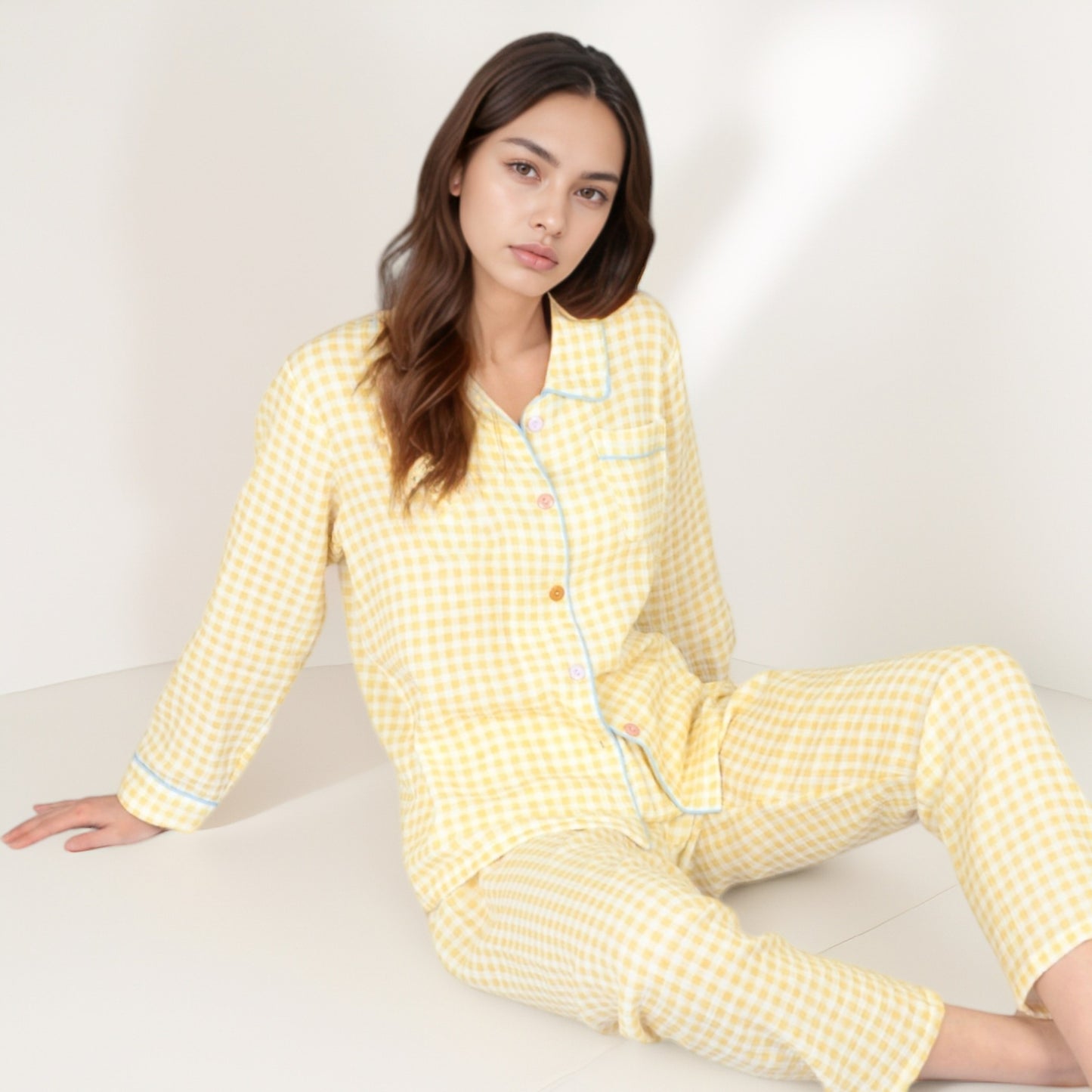 Anna-Kaci Women's Gingham Long Sleeve Pajama Set with Colorful Buttons Chest Pocket and Relaxed Fit Straight Pants