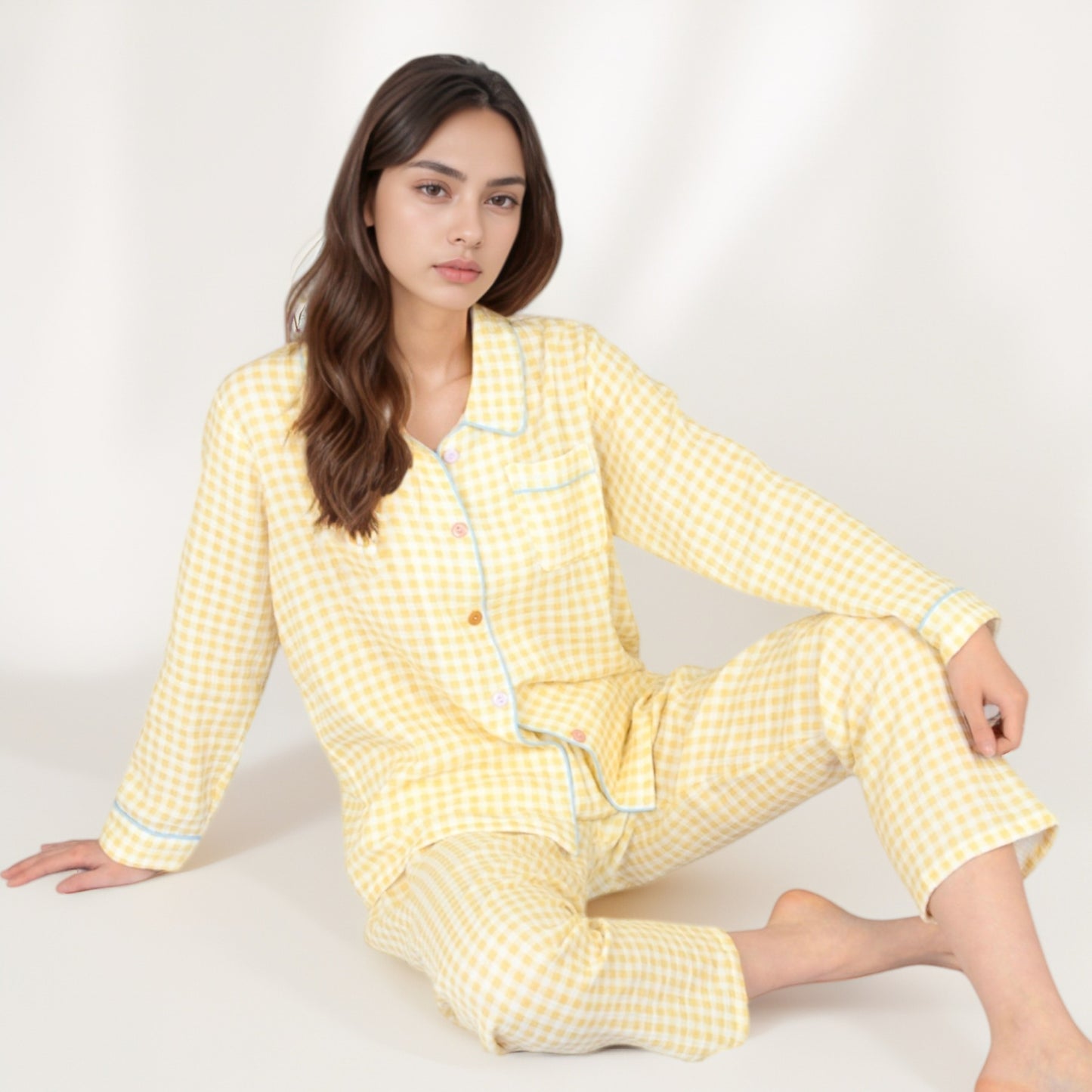 Anna-Kaci Women's Gingham Long Sleeve Pajama Set with Colorful Buttons Chest Pocket and Relaxed Fit Straight Pants