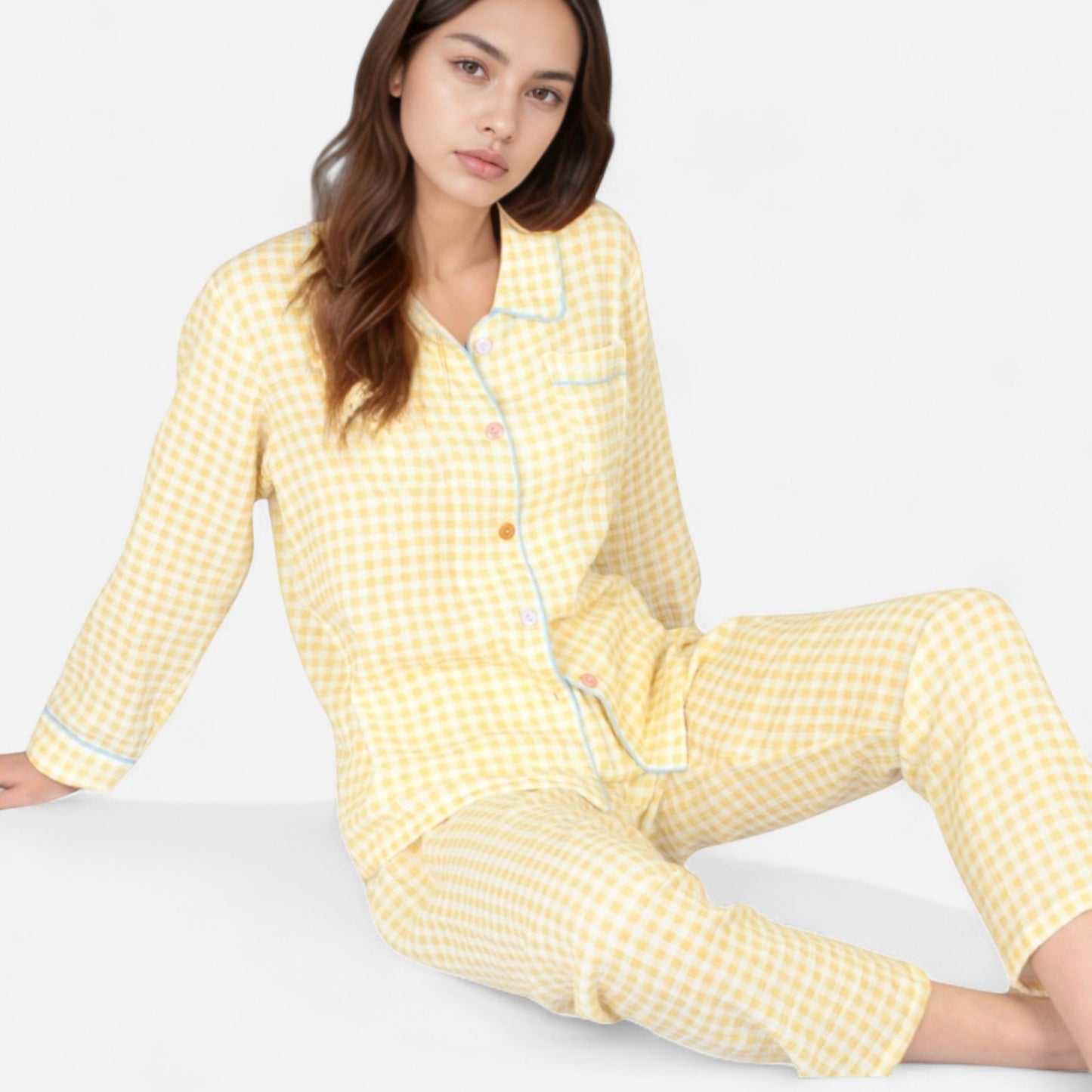 Anna-Kaci Women's Gingham Long Sleeve Pajama Set with Colorful Buttons Chest Pocket and Relaxed Fit Straight Pants
