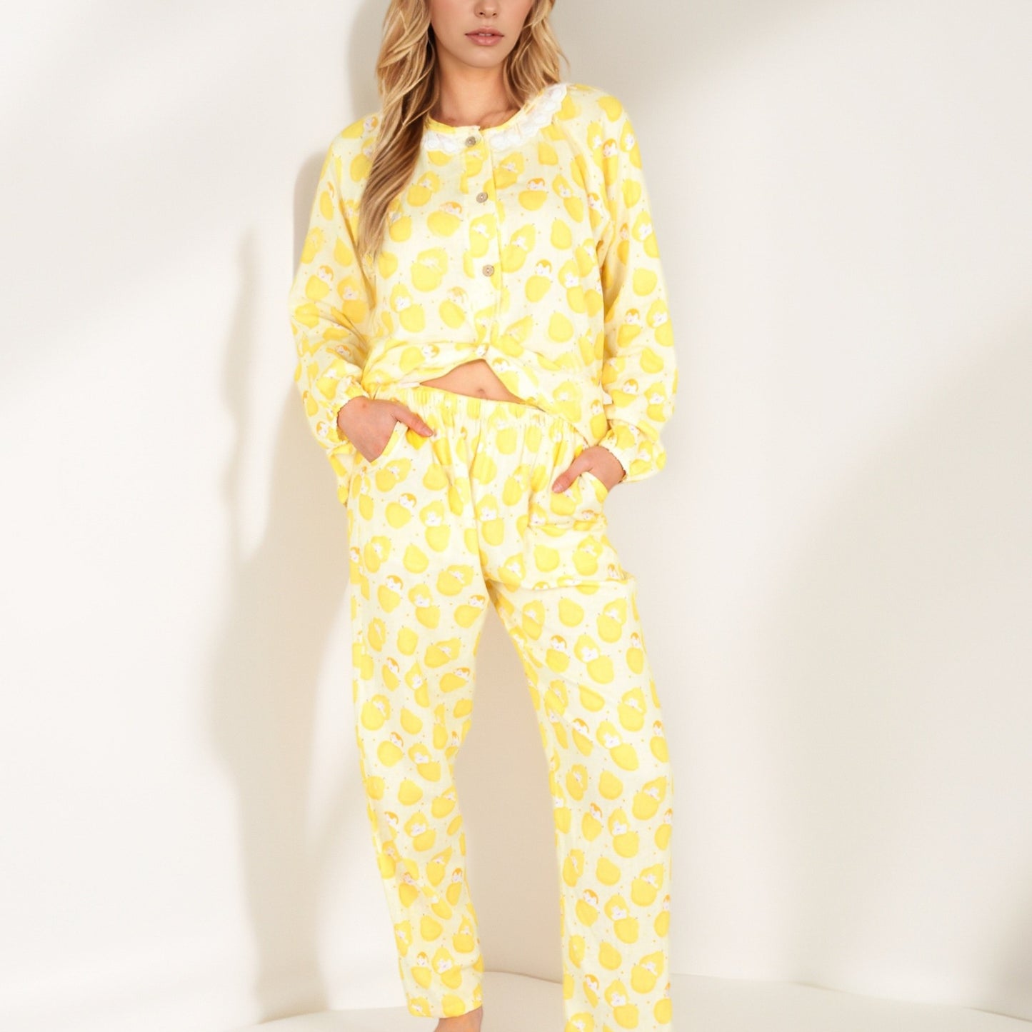 Anna-Kaci Women's Lemon Print Long Sleeve Pajama Set with Ruffle Trim Button Top and Relaxed Fit Elastic Waist Pants