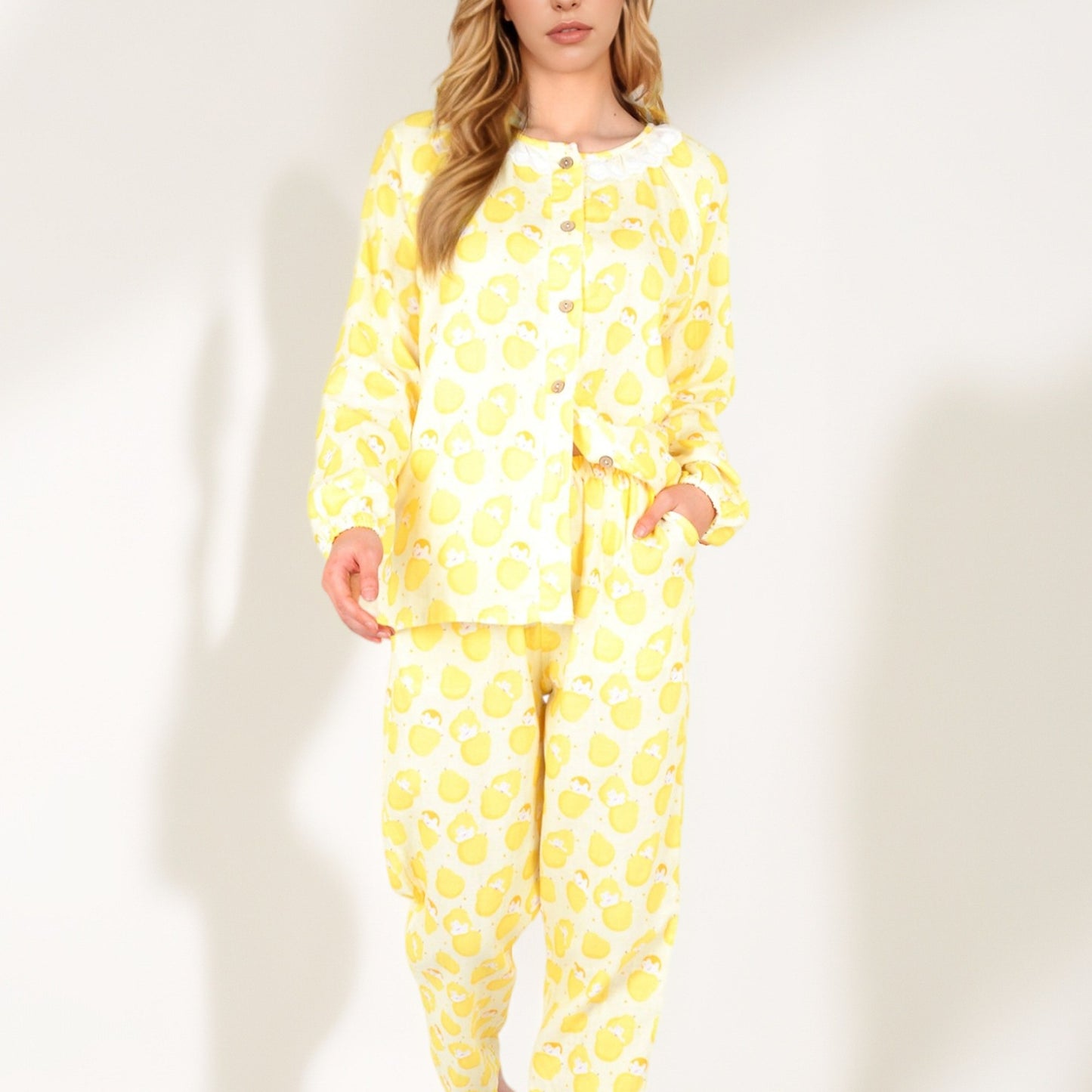 Anna-Kaci Women's Lemon Print Long Sleeve Pajama Set with Ruffle Trim Button Top and Relaxed Fit Elastic Waist Pants