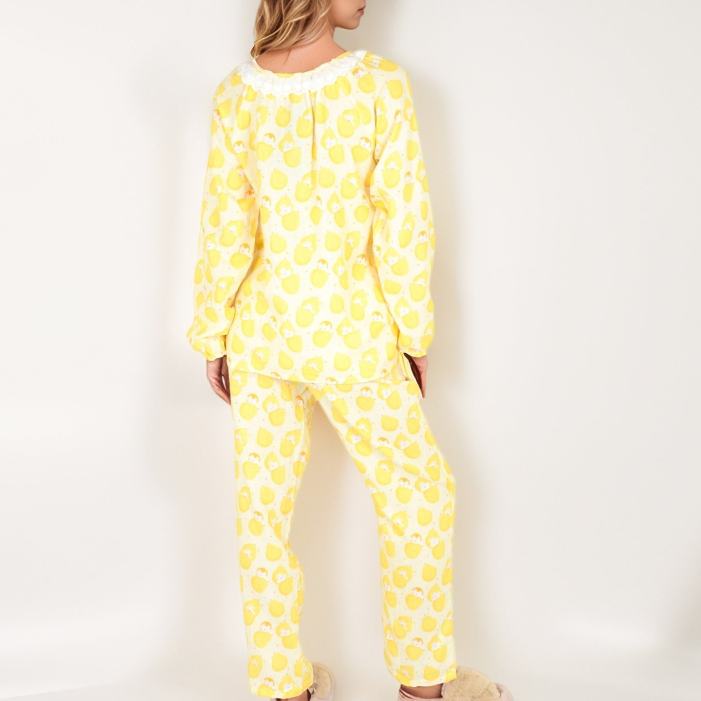 Anna-Kaci Women's Lemon Print Long Sleeve Pajama Set with Ruffle Trim Button Top and Relaxed Fit Elastic Waist Pants