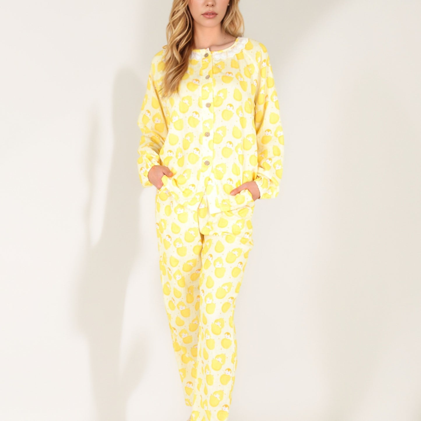 Anna-Kaci Women's Lemon Print Long Sleeve Pajama Set with Ruffle Trim Button Top and Relaxed Fit Elastic Waist Pants