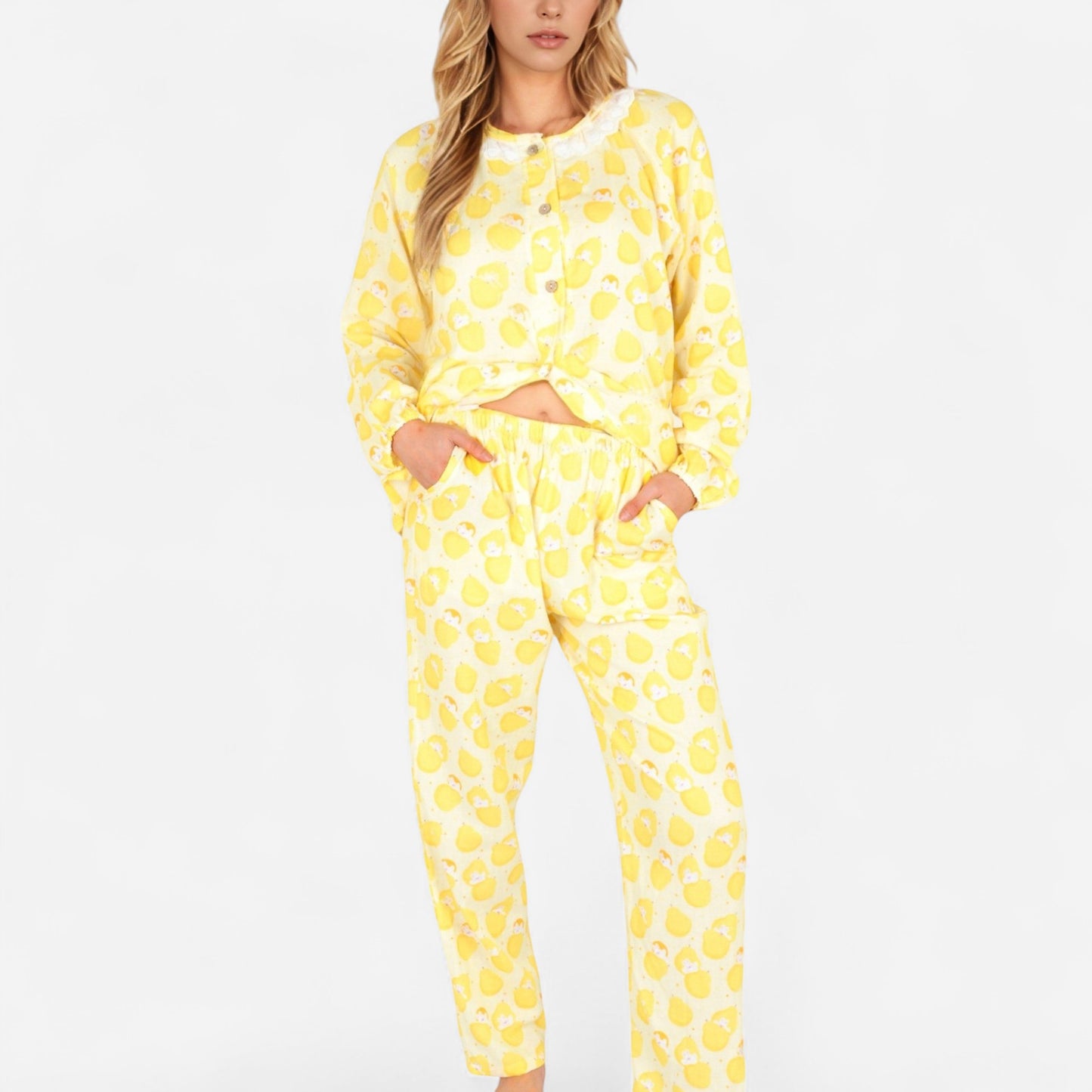 Anna-Kaci Women's Lemon Print Long Sleeve Pajama Set with Ruffle Trim Button Top and Relaxed Fit Elastic Waist Pants