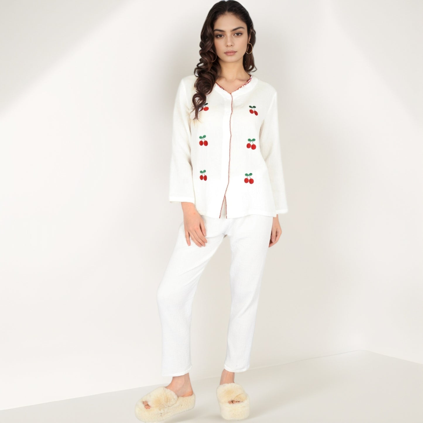 Anna-Kaci Women's Cherry Embroidered Long Sleeve Pajama Set with Button Front Top and Lightweight Relaxed Fit Pants