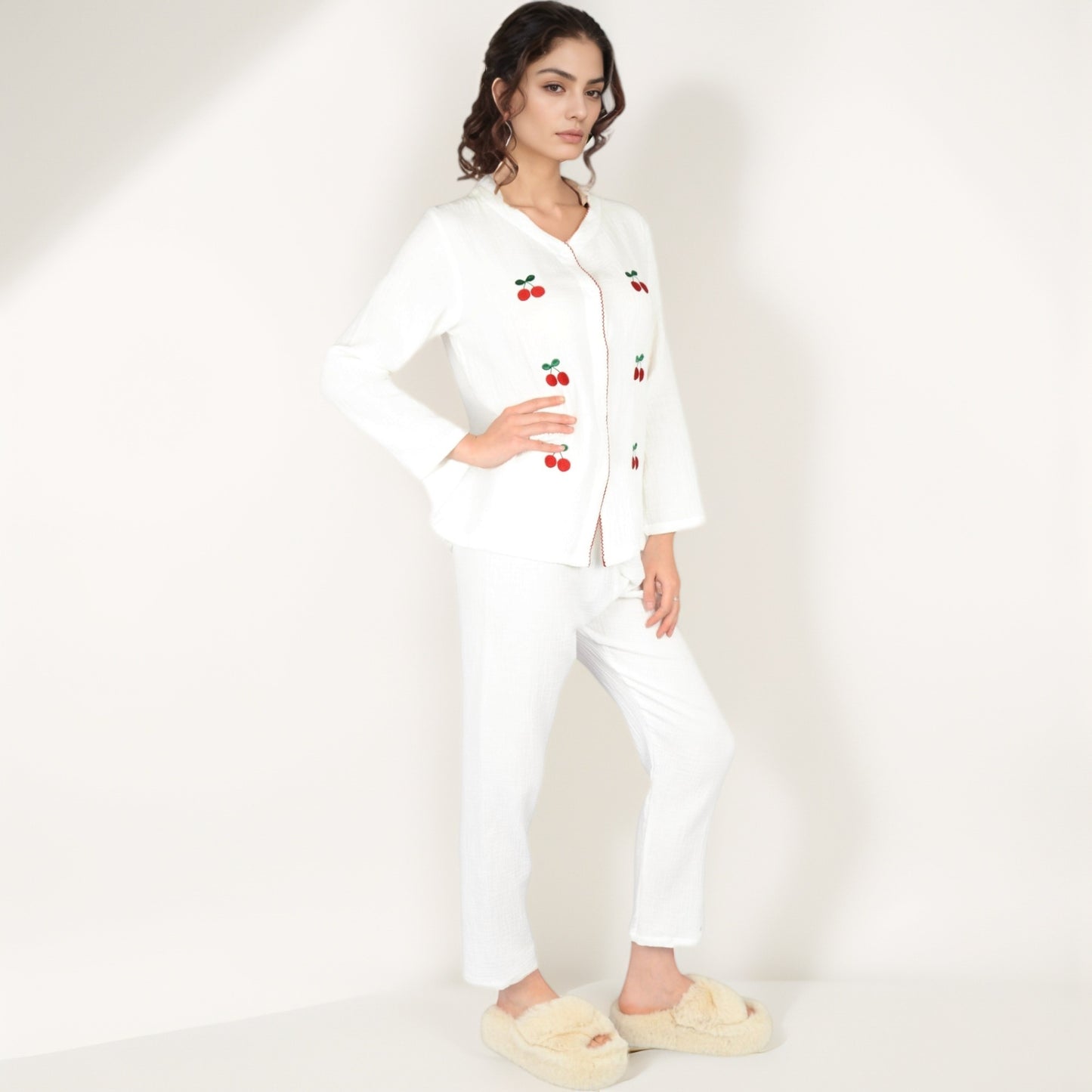 Anna-Kaci Women's Cherry Embroidered Long Sleeve Pajama Set with Button Front Top and Lightweight Relaxed Fit Pants