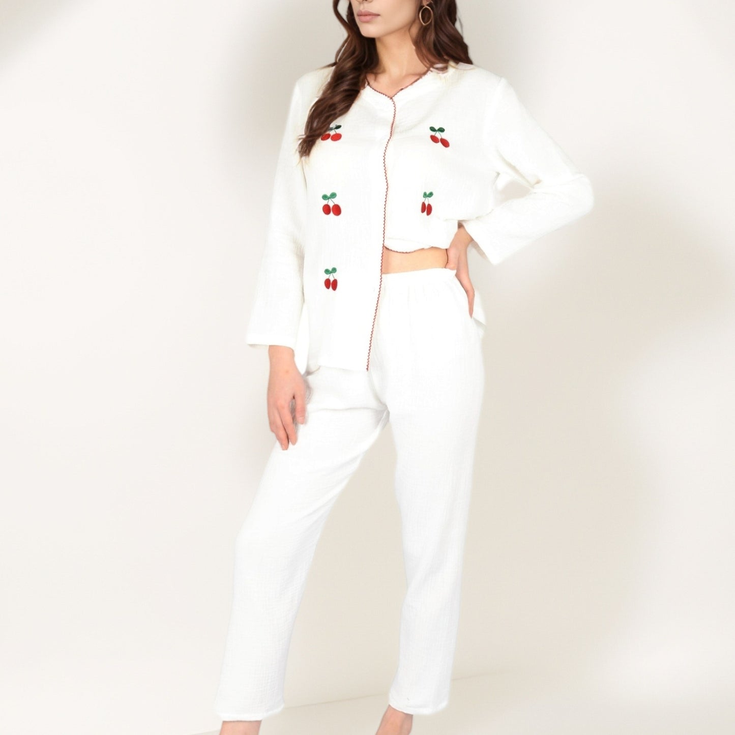 Anna-Kaci Women's Cherry Embroidered Long Sleeve Pajama Set with Button Front Top and Lightweight Relaxed Fit Pants