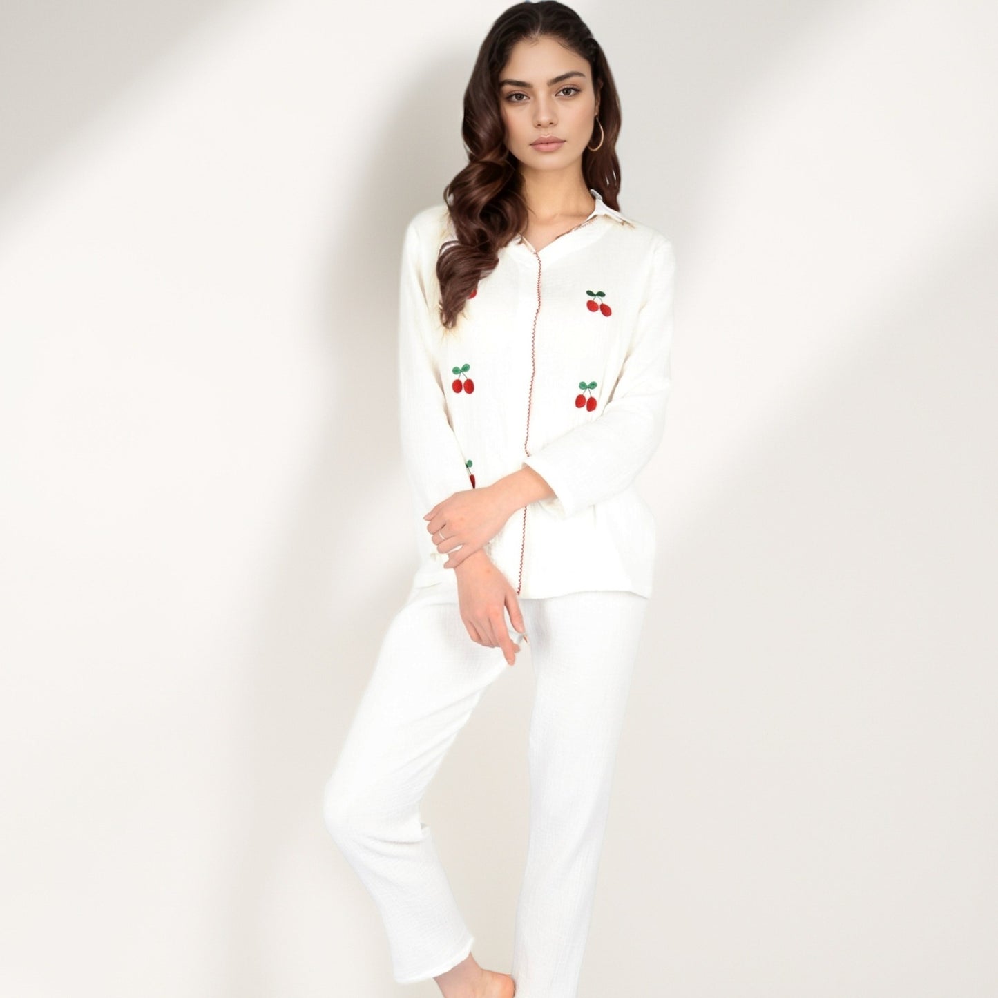 Anna-Kaci Women's Cherry Embroidered Long Sleeve Pajama Set with Button Front Top and Lightweight Relaxed Fit Pants