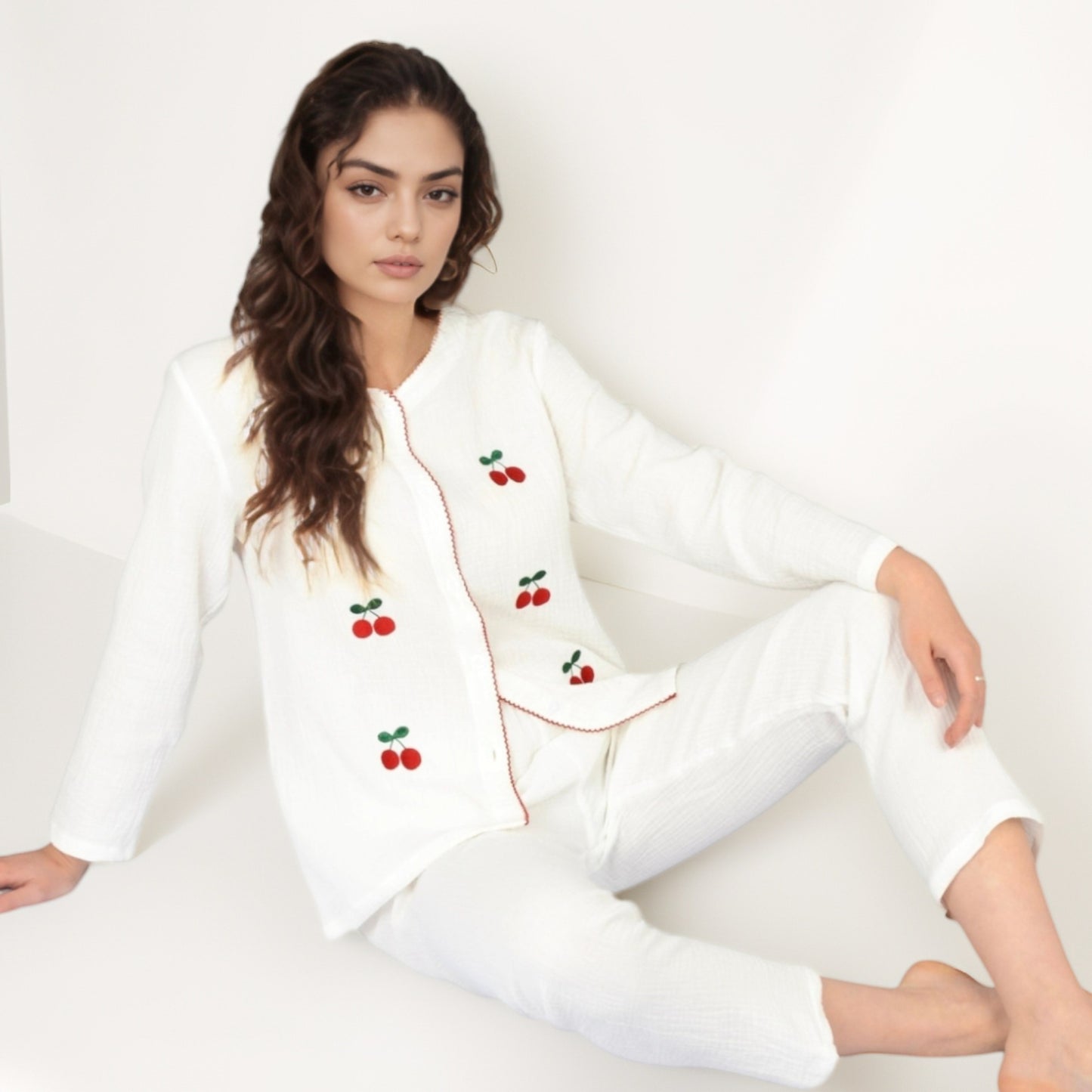 Anna-Kaci Women's Cherry Embroidered Long Sleeve Pajama Set with Button Front Top and Lightweight Relaxed Fit Pants
