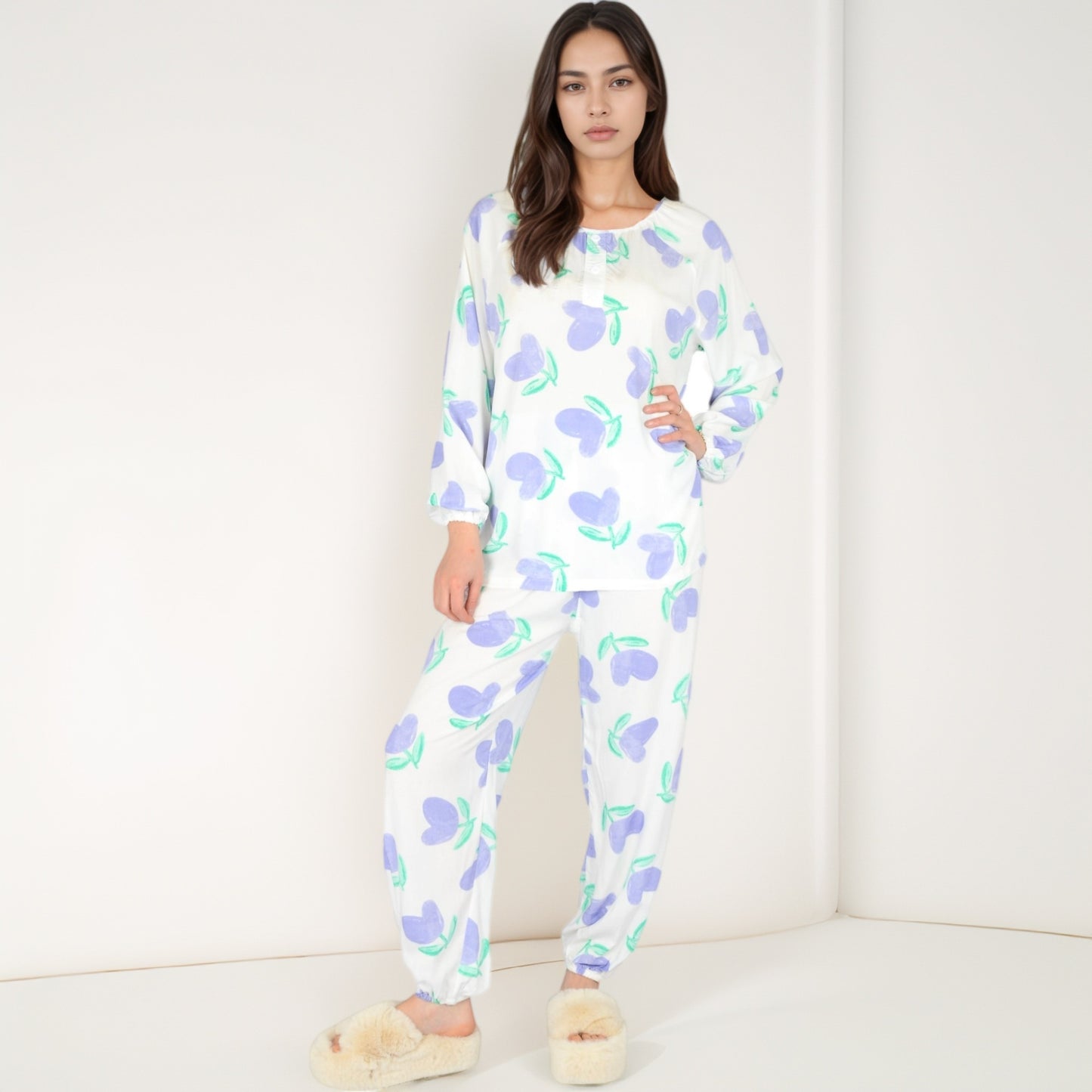 Anna-Kaci Women's Blue Fruit Print Long Sleeve Pajama Set with Elastic Cuffs and Relaxed Fit Pullover Top