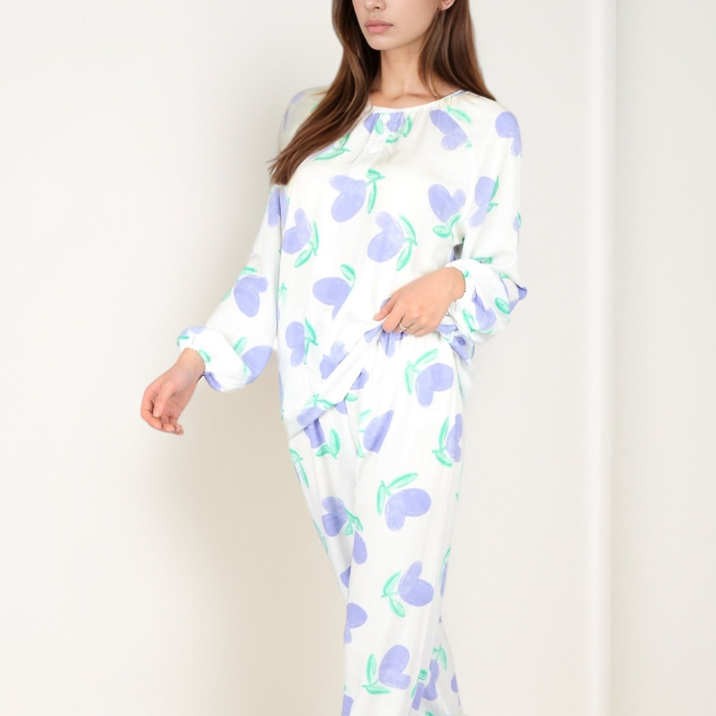 Anna-Kaci Women's Blue Fruit Print Long Sleeve Pajama Set with Elastic Cuffs and Relaxed Fit Pullover Top