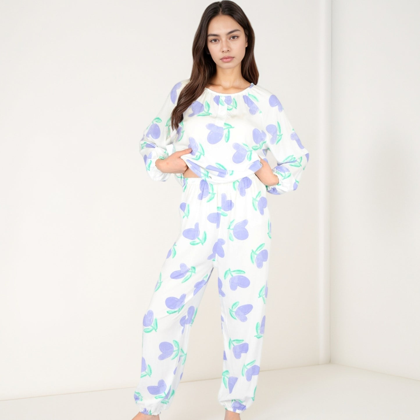 Anna-Kaci Women's Blue Fruit Print Long Sleeve Pajama Set with Elastic Cuffs and Relaxed Fit Pullover Top
