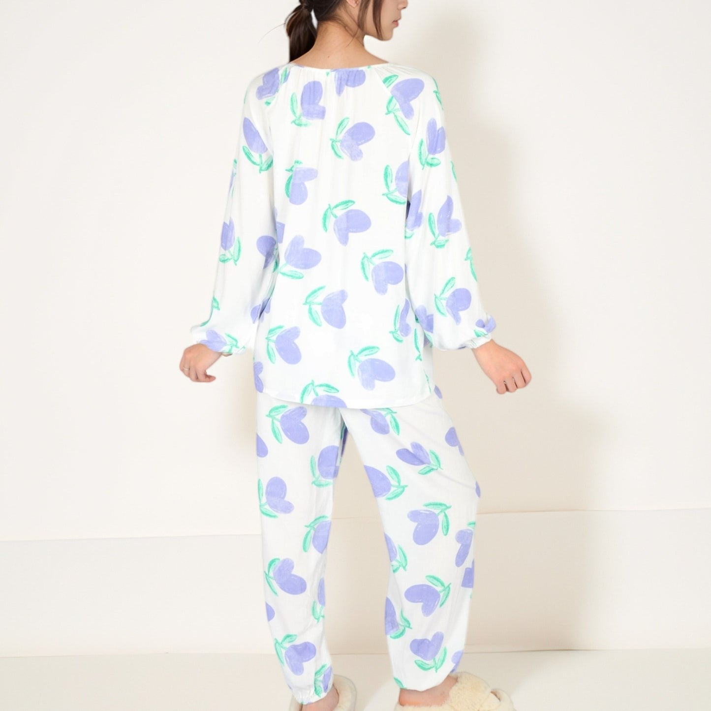 Anna-Kaci Women's Blue Fruit Print Long Sleeve Pajama Set with Elastic Cuffs and Relaxed Fit Pullover Top