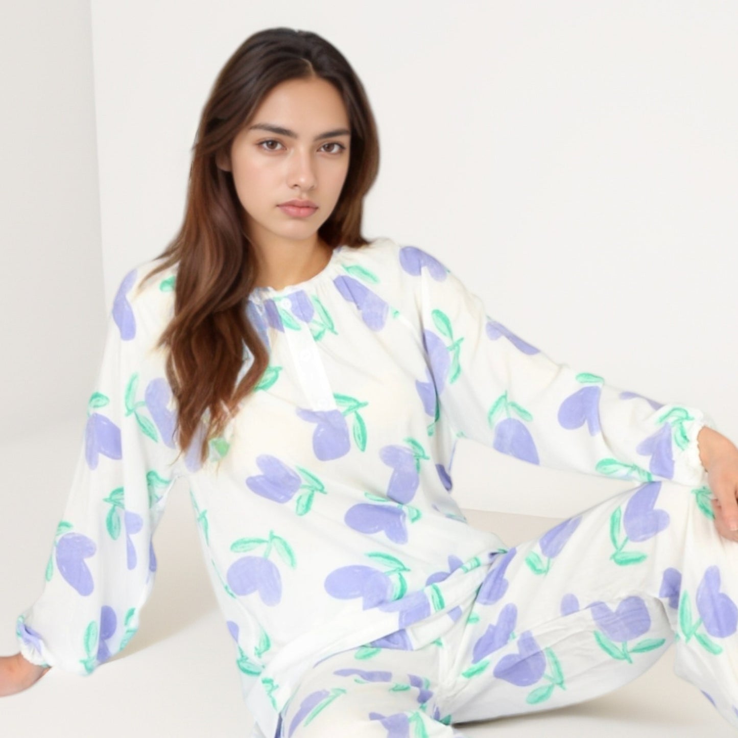 Anna-Kaci Women's Blue Fruit Print Long Sleeve Pajama Set with Elastic Cuffs and Relaxed Fit Pullover Top