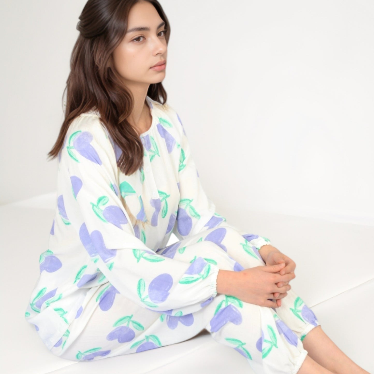 Anna-Kaci Women's Blue Fruit Print Long Sleeve Pajama Set with Elastic Cuffs and Relaxed Fit Pullover Top