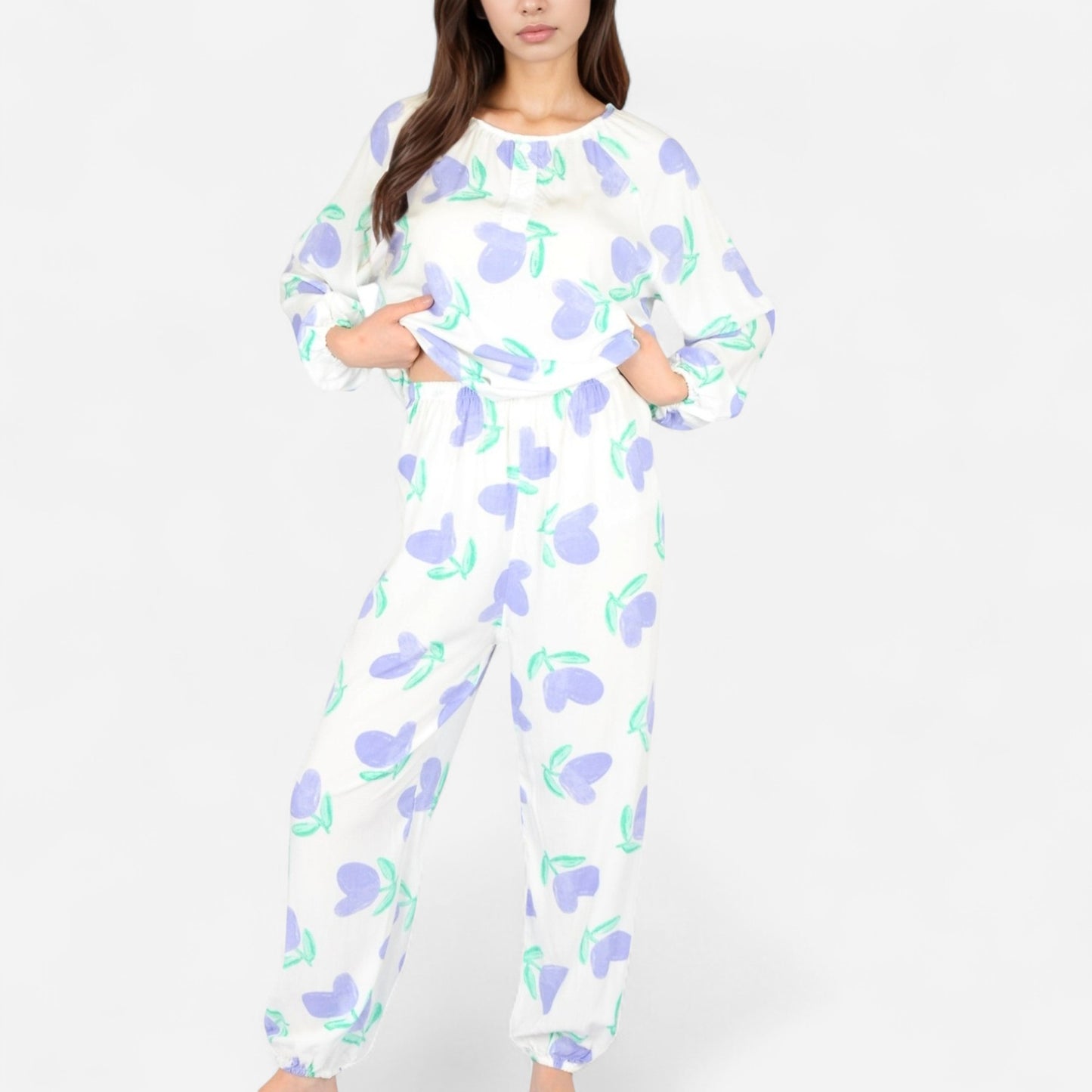 Anna-Kaci Women's Blue Fruit Print Long Sleeve Pajama Set with Elastic Cuffs and Relaxed Fit Pullover Top