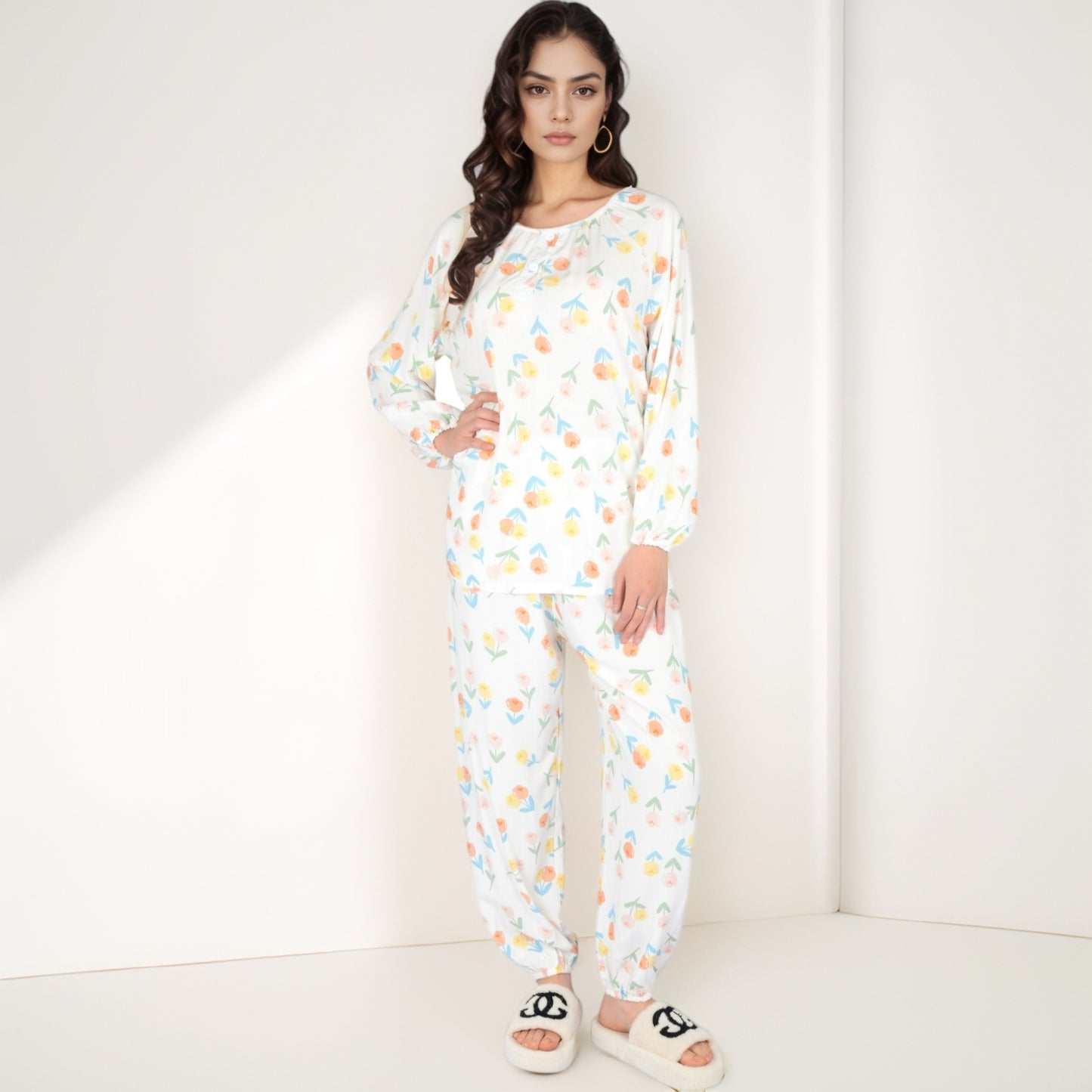 Anna-Kaci Women's Blue Fruit Print Long Sleeve Pajama Set with Elastic Cuffs and Relaxed Fit Pullover Top