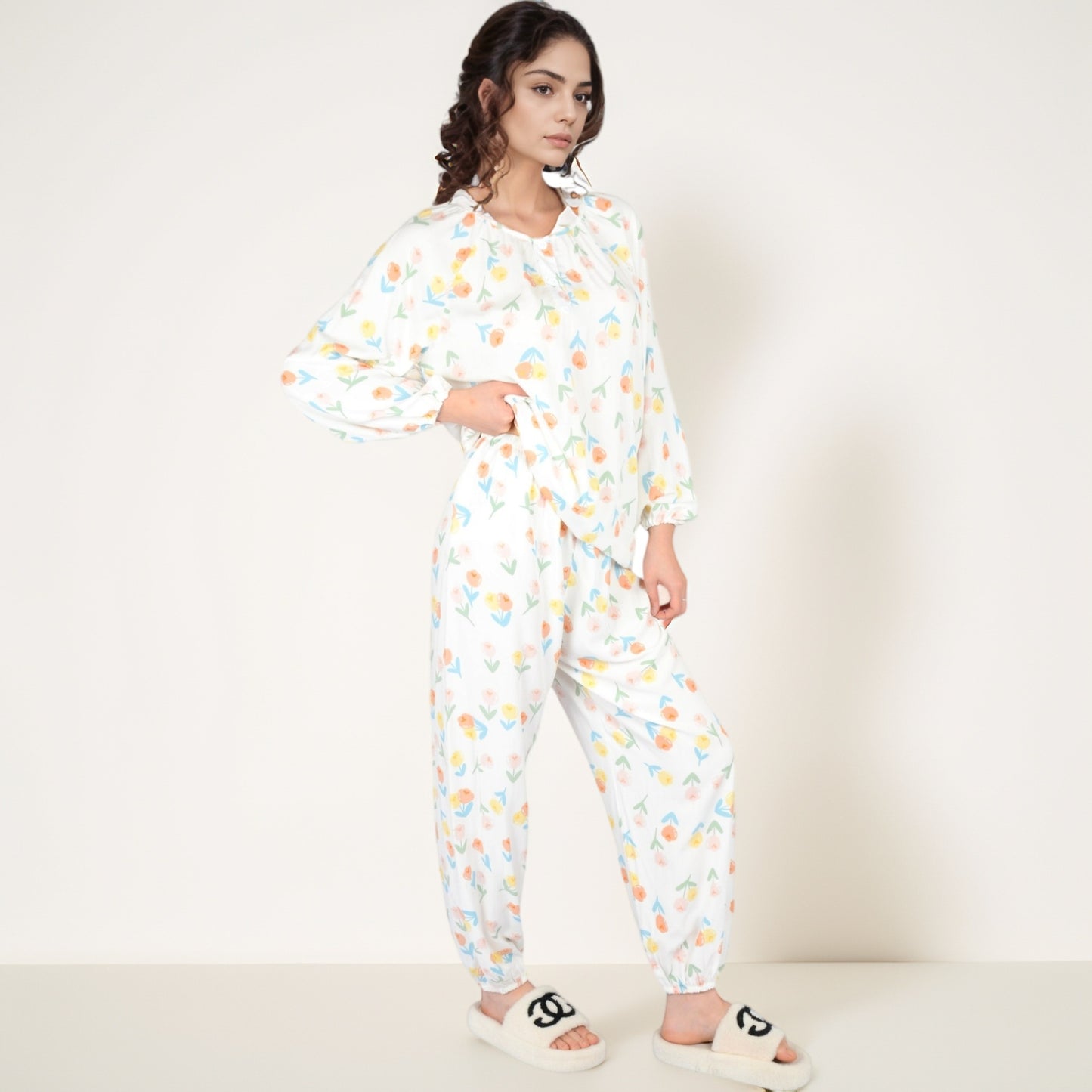 Anna-Kaci Women's Blue Fruit Print Long Sleeve Pajama Set with Elastic Cuffs and Relaxed Fit Pullover Top