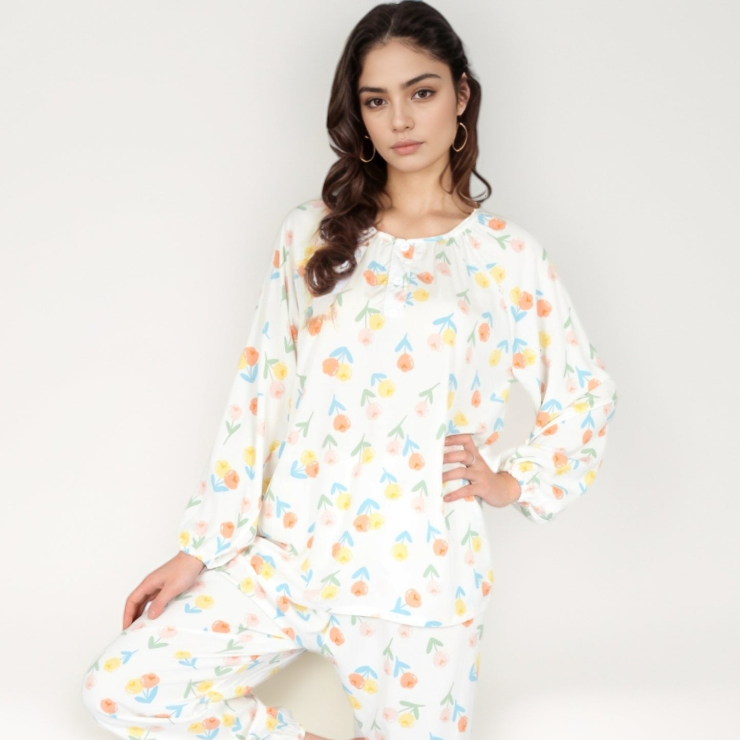 Anna-Kaci Women's Blue Fruit Print Long Sleeve Pajama Set with Elastic Cuffs and Relaxed Fit Pullover Top
