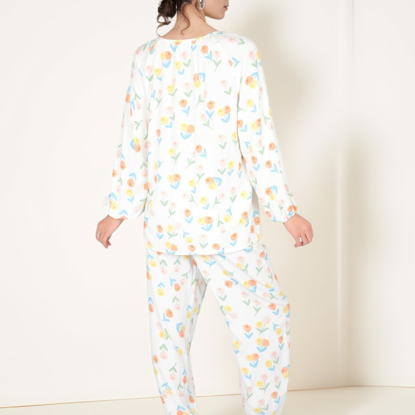 Anna-Kaci Women's Blue Fruit Print Long Sleeve Pajama Set with Elastic Cuffs and Relaxed Fit Pullover Top