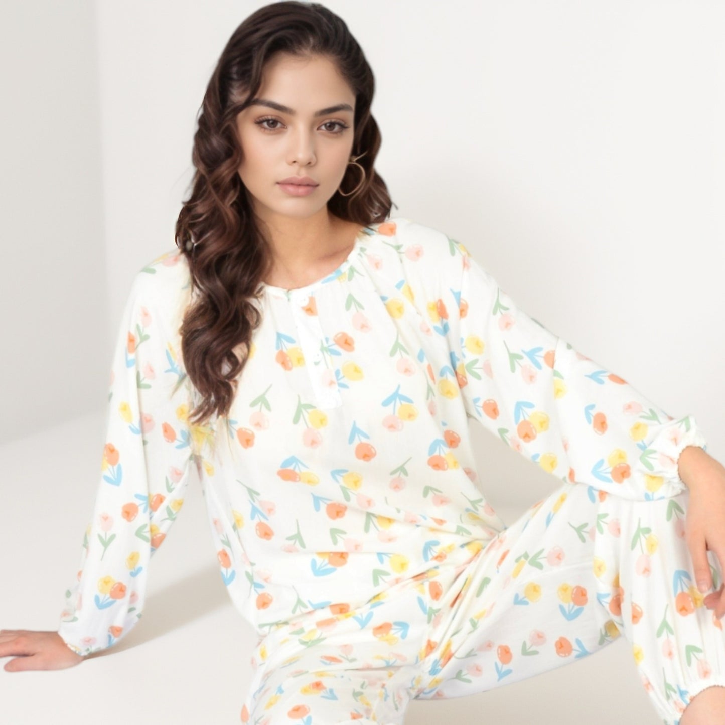 Anna-Kaci Women's Blue Fruit Print Long Sleeve Pajama Set with Elastic Cuffs and Relaxed Fit Pullover Top