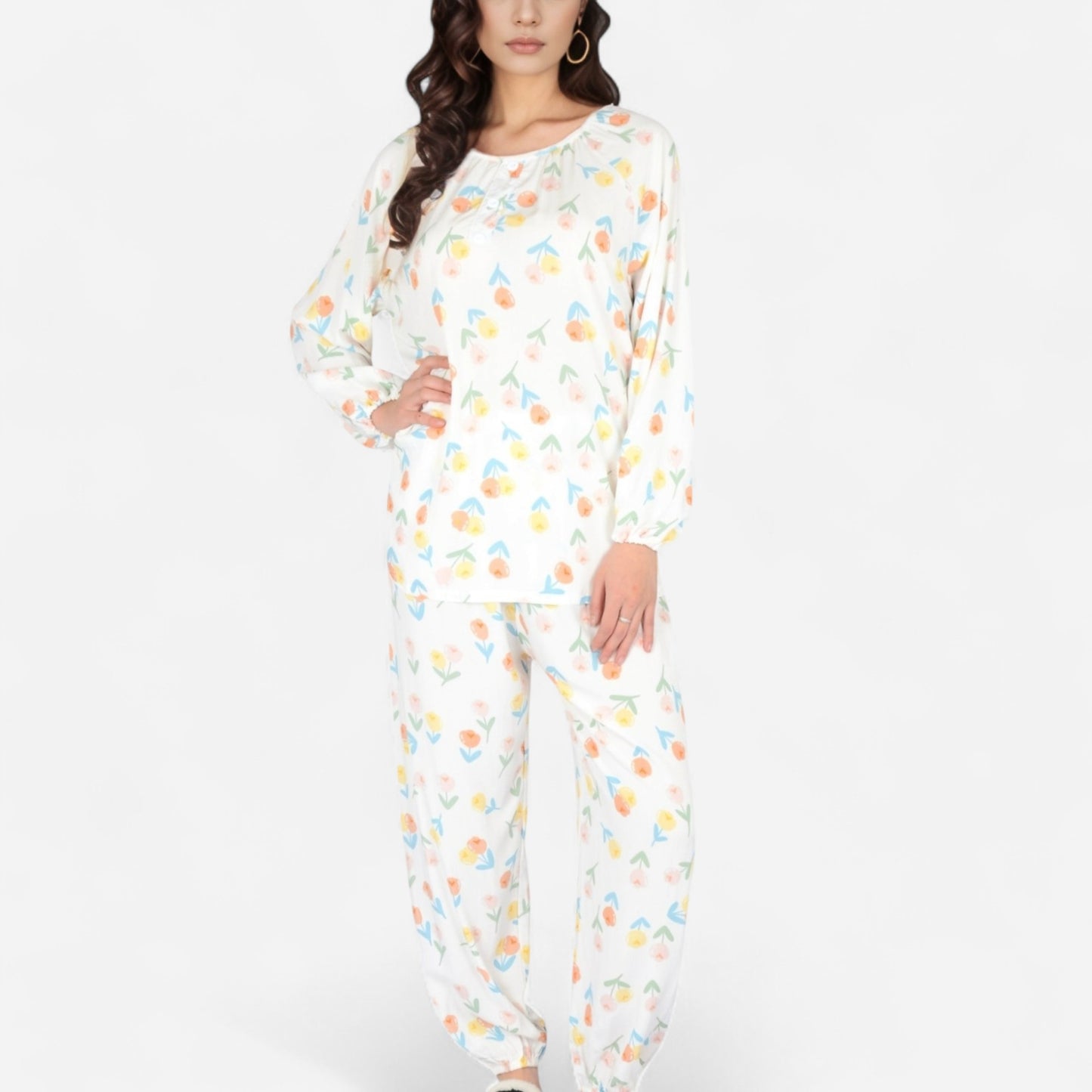 Anna-Kaci Women's Blue Fruit Print Long Sleeve Pajama Set with Elastic Cuffs and Relaxed Fit Pullover Top