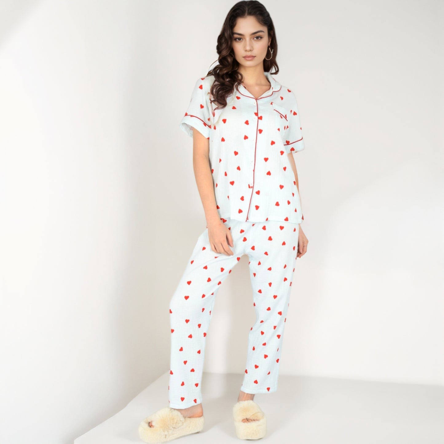 Anna-Kaci Women's Red Heart Print Pajama Set with Short Sleeve Button-Up Top and Relaxed Fit Elastic Waist Pants